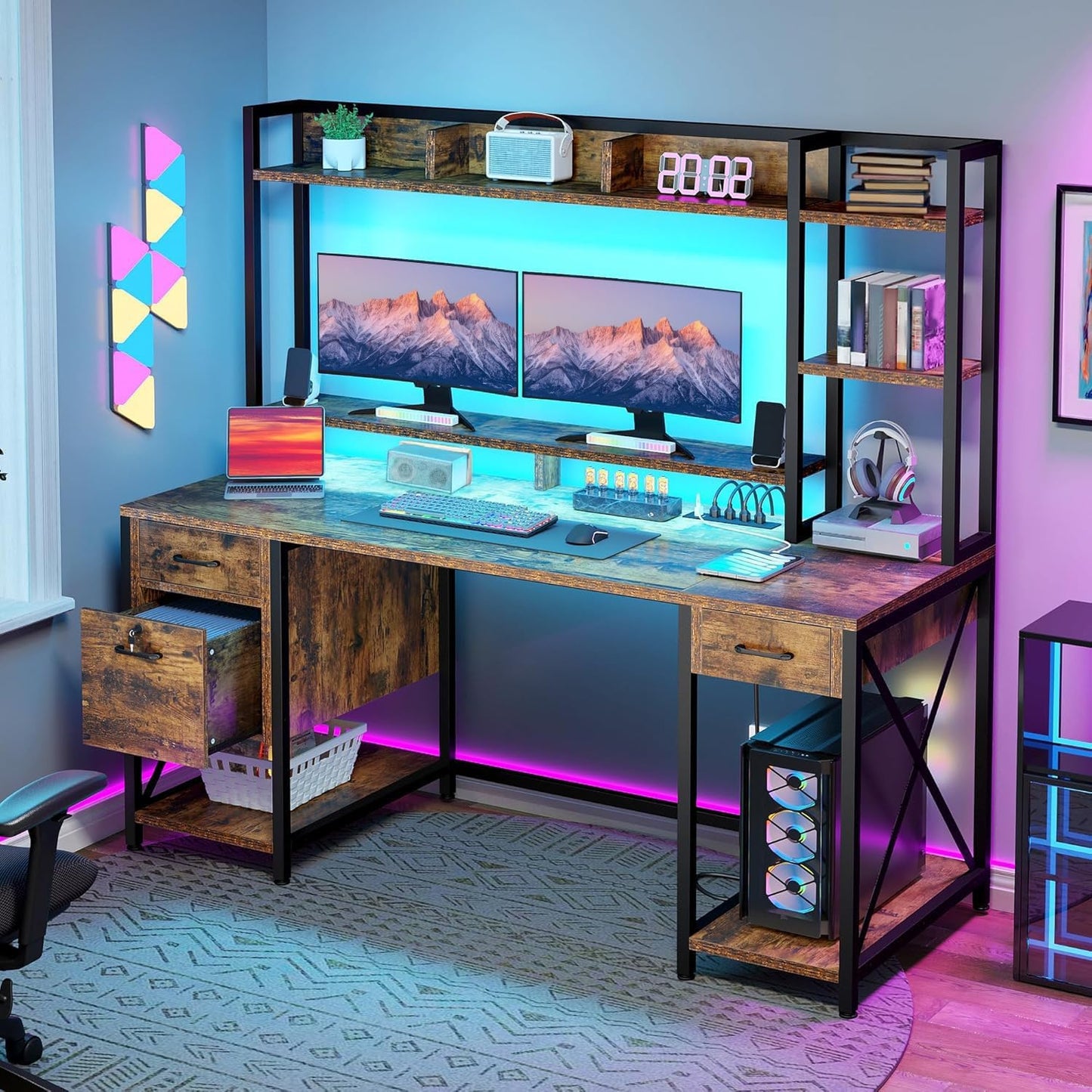 DWVO Computer Desk with Drawers & Hutch, 59.1" Office Desk with Power Outlets & LED Lights, Home Office Desk with Storage Shelves, Rustic Brown