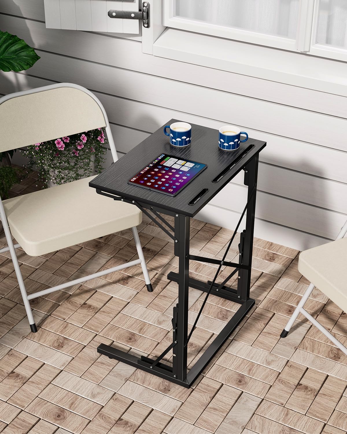 21''Wx28''H Folding TV Tray Set of 2, Small Foldable C-Shaped Tray Table for Eating with Tablet and Phone Slots, Slide Under Couch Side Table for Recliner, Living Room, Bedroom, Black