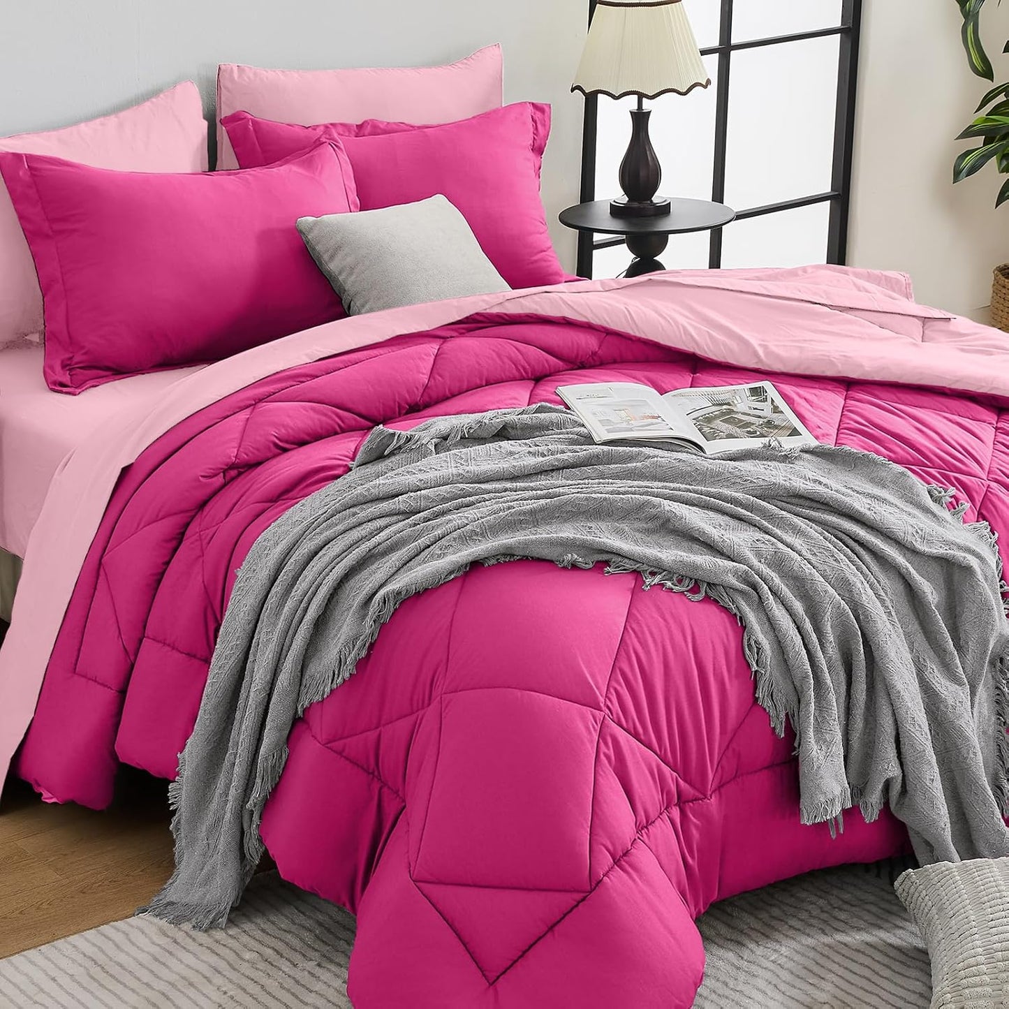 HEVUMYI Hot Pink & Baby Pink Full Comforter Set - 7-Piece All Season Bed in a Bag Full, Ultra Soft Bedding Set with Comforter, Flat Sheet, Fitted Sheet, Pillowcases, Pillow Shams