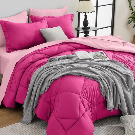 HEVUMYI Hot Pink & Baby Pink King Comforter Set - 7-Piece All Season Bed in a Bag King, Ultra Soft Bedding Set with Comforter, Flat Sheet, Fitted Sheet, Pillowcases, Pillow Shams