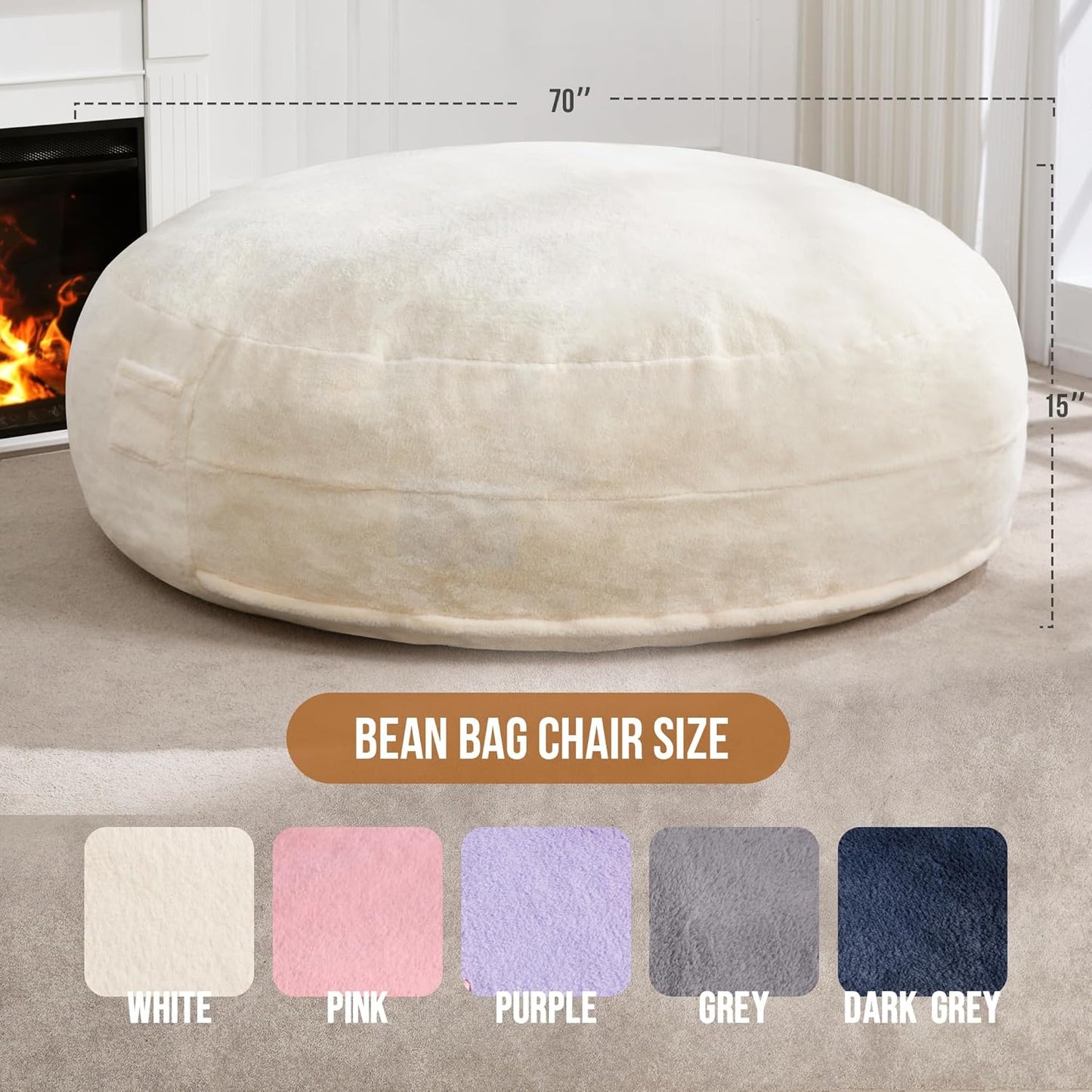 Hobestluk 6ft Bean Bag Chairs for Adults Large Beanbag Chair with Plush Faux Fur Cover Big Bean Bag Chair for Living Room Bedroom Dorm Office - White (70" x 70" x 15")