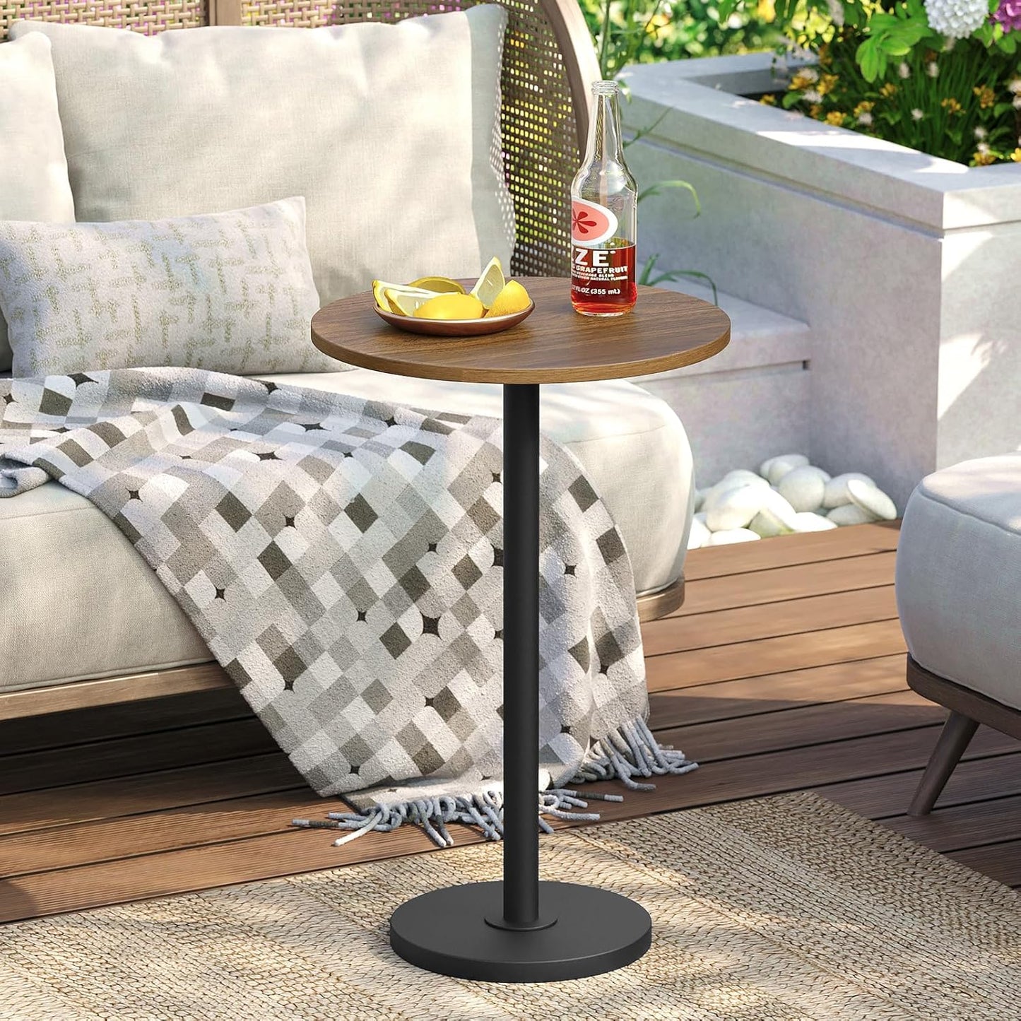 Round Side End Table for Small Spaces, Pedestal Style Martini Drink Side Table in Living Room, Bedroom, Dormitory, Walnut and Black ET30BH