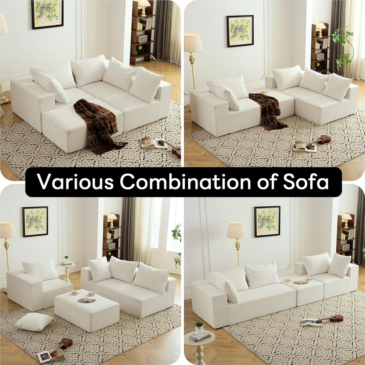 Vamcheer Modular Sectional Sofa with Chaise, Modern L Shaped Cloud Couch with Deep Seat, Sectional Couches for Living Room, Bedroom, Office, No Assembly Required, Cream