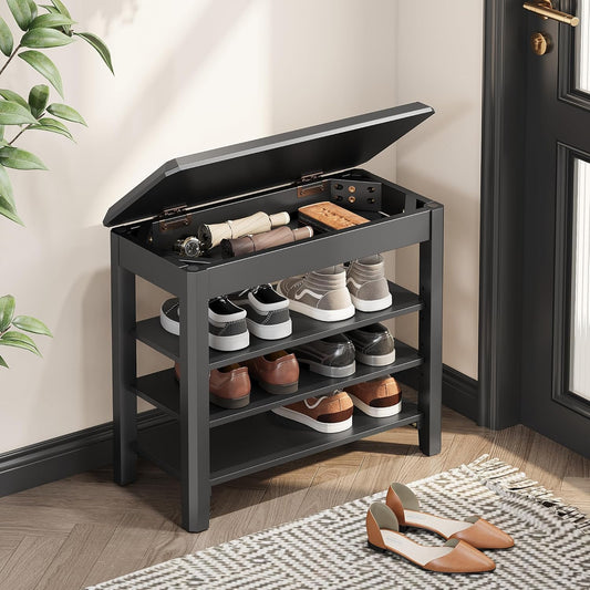 Shoe Rack Bench Seat Rubberwood 3-Tier Wooden Storage Bench 550lbs Compact Mid-Century Modern Design for Entryway, Hallway, Closet, Front Door Entrance, Foyer