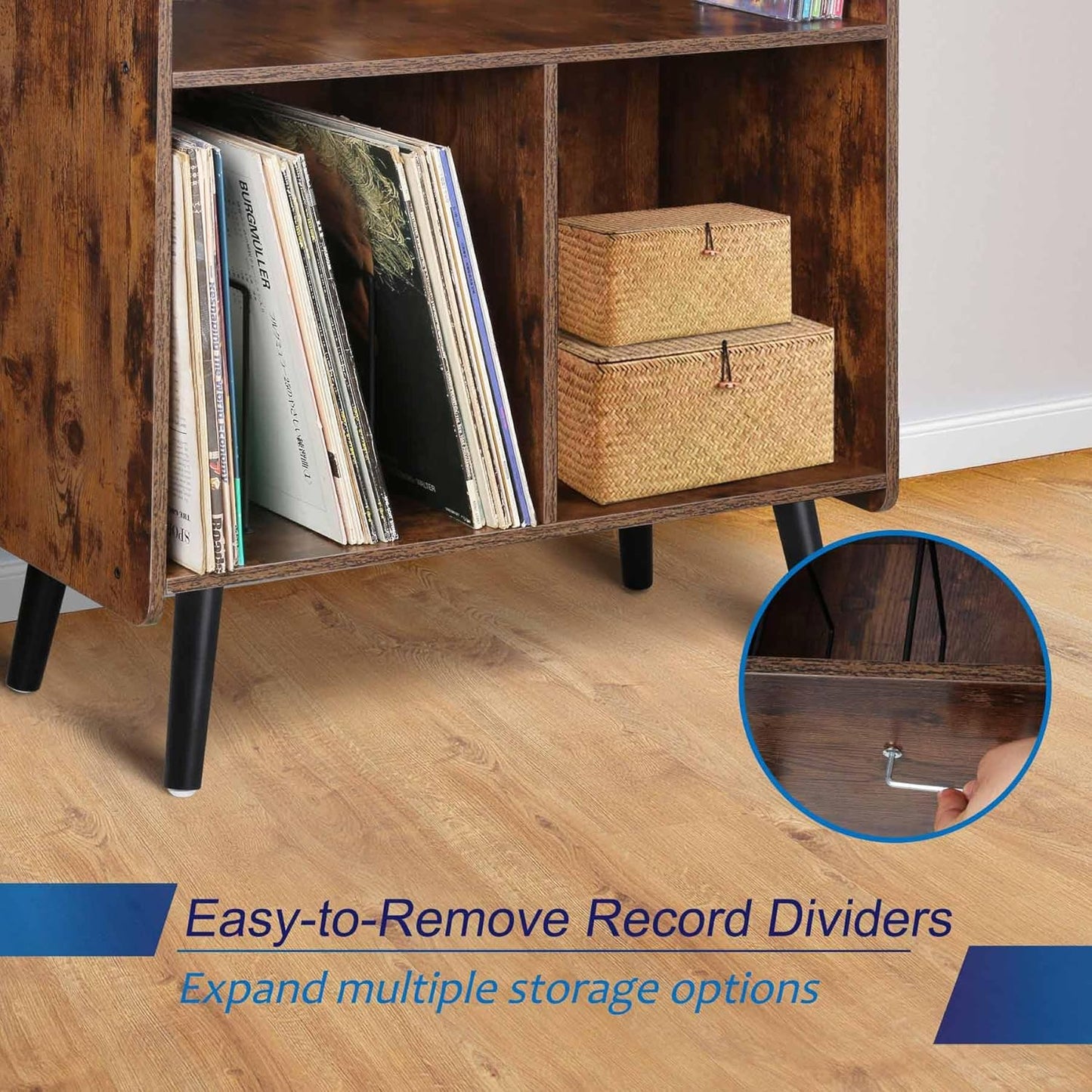 3-Tier Vintage Record Player Stand, Mid-Century Vinyl Record Storage Cabinet Table Holds up to 100 Albums, Large Wood Turntable Stand for Living Room, Office, Rustic Brown