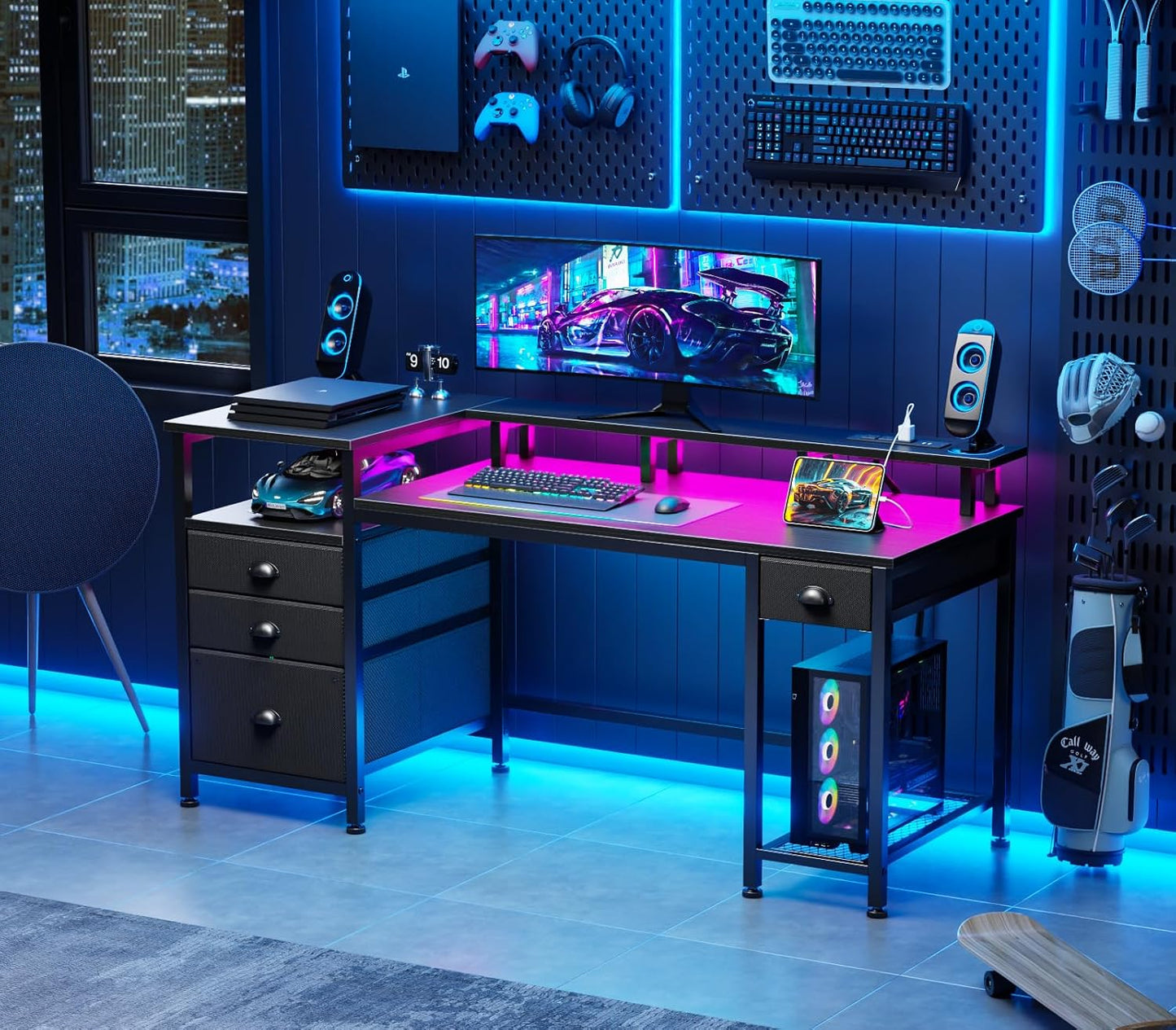 Furologee 60" Black Computer Desk with 4 Drawers and Printer Space, Gaming Desk with LED Lights and USB Power Outlets, Home Office Desk with Fabric File Cabinet,Study Work Table with Shelf for Bedroom