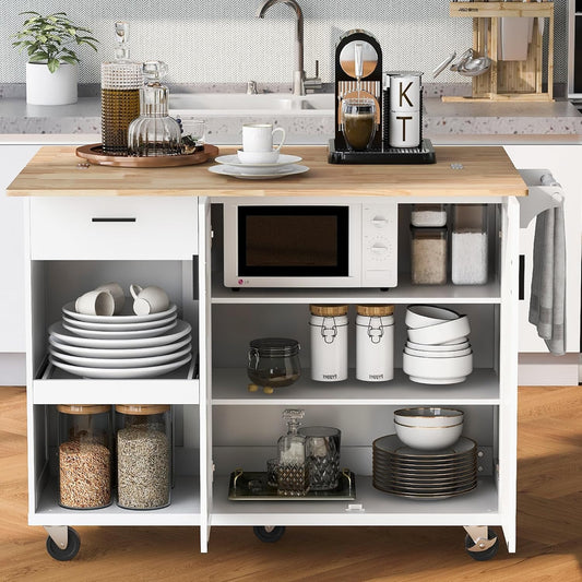 49" Foldable Kitchen Island Cart, White with Slide-Out Shelf, Towel Rack & Drawer, Rolling on Wheels, for Living & Dining Rooms