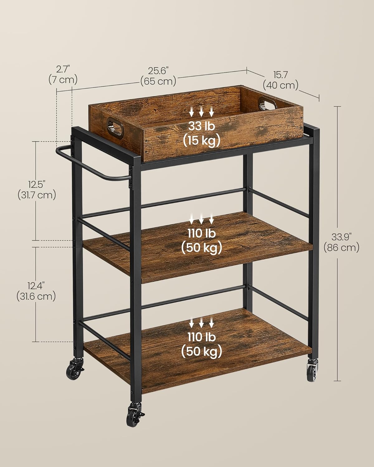 VASAGLE Kitchen Serving Cart with Removable Tray, 3-Tier Kitchen Utility Cart on Wheels with Storage, with Brakes, Leveling Feet, 15.7 x 28.3 x 33.9 Inches, Rustic Brown and Black ULRC72X