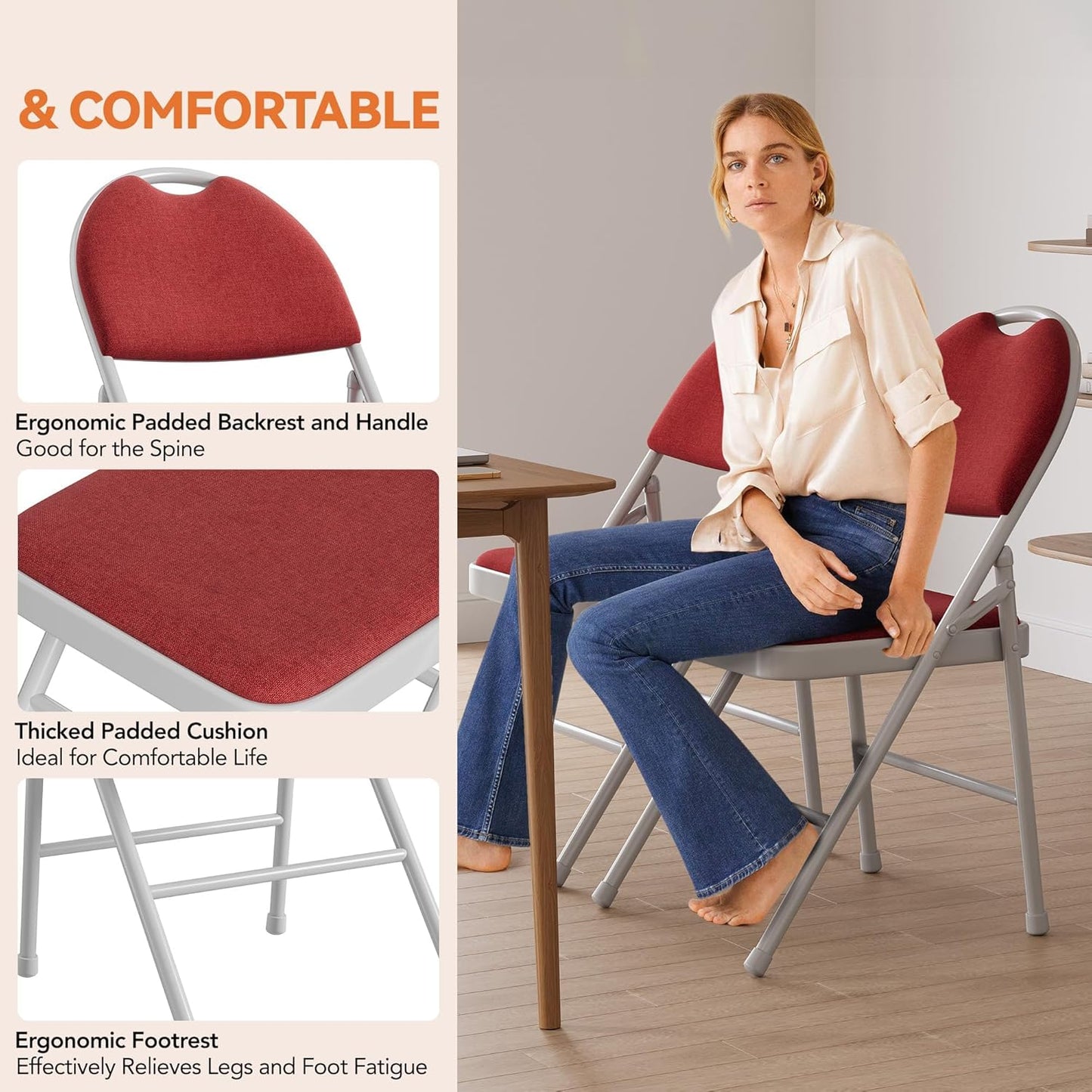 GarveeHome 2 Pack Folding Chairs with Fabric Padded, Metal Foldable Chair Linen Cushion and Back for Indoor Outdoor, Commercial Stackable Guest Chairs for Camping, Dining Room, Office, Wedding, Red