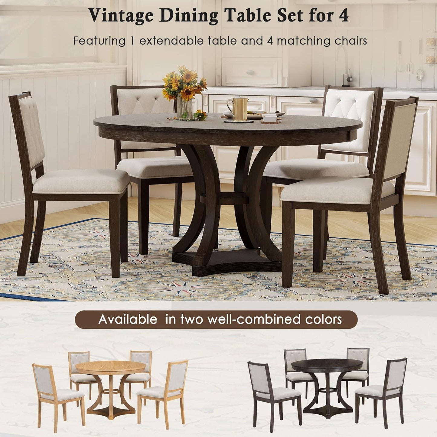 Ball & Cast Retro Dining Table Set for 4 with 4 Upholstered Chairs,5-Piece Wooden Living Room Furniture W/ 42" Round Extendable Kitchen Desk,for Small Space,Apartment,Dining Room,Espresso