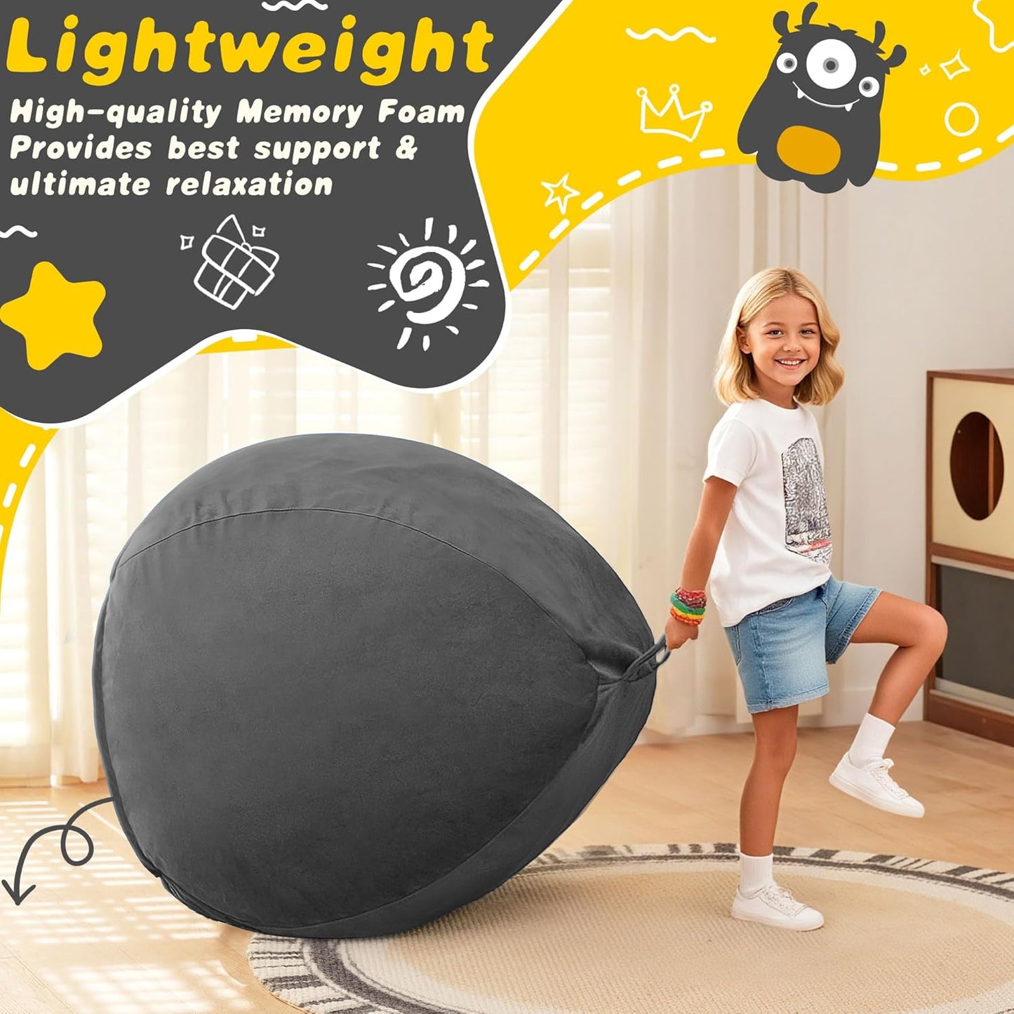 HABUTWAY 2FT Bean Bag Chair, 2' Beanbags Small Bean Bag Chairs with Filling, Teardrop Bean Bag Chair Luxurious Velvet Ultra Soft Fur with Removable Cover (Grey)