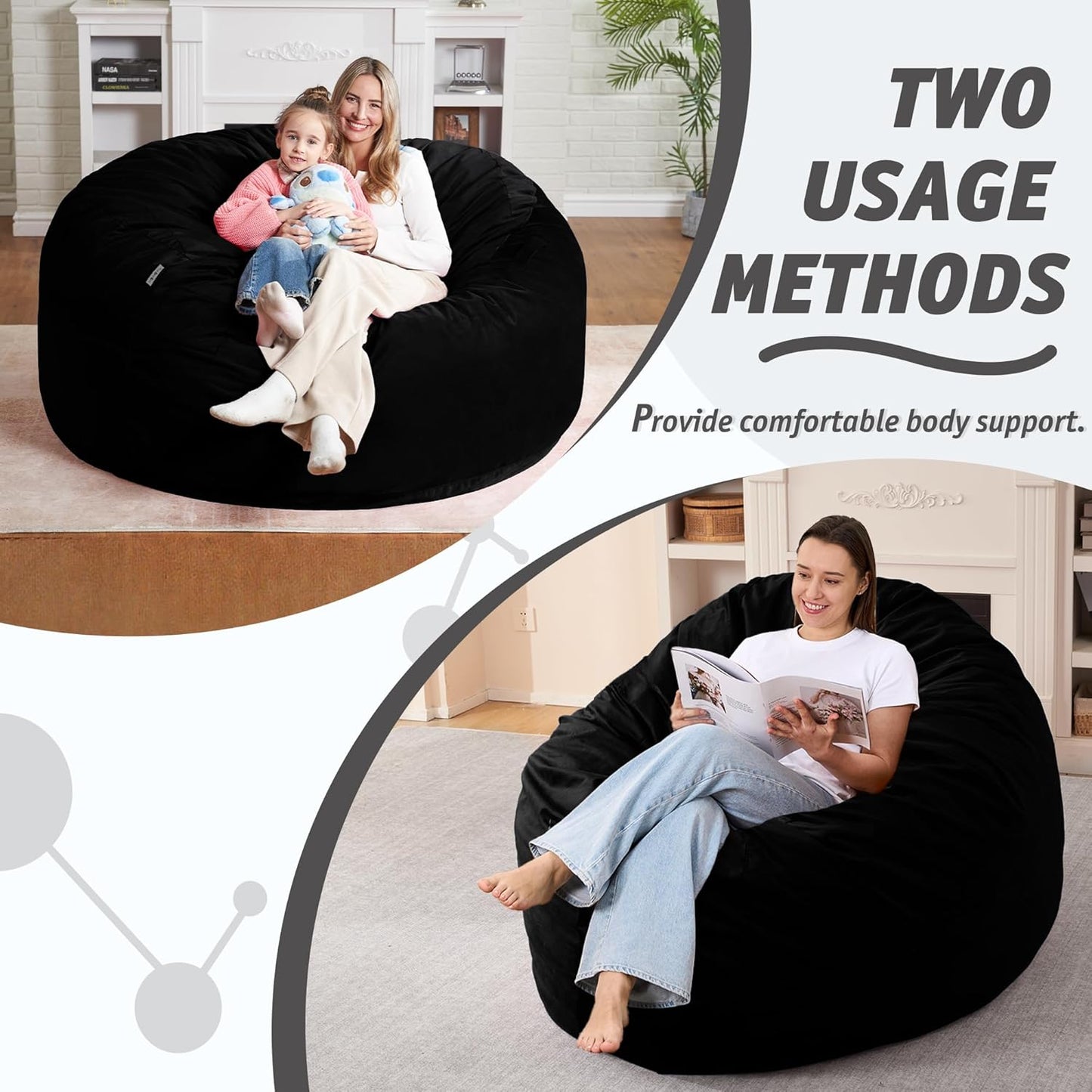 5FT Bean Bag Chair with Ultra Soft Velvet Cover Bean Bag Sofa with Memory Foam Bean Bag Chairs with Large Size Lazy Sofa for Dorm Office Living Room Bedroom Black 5'