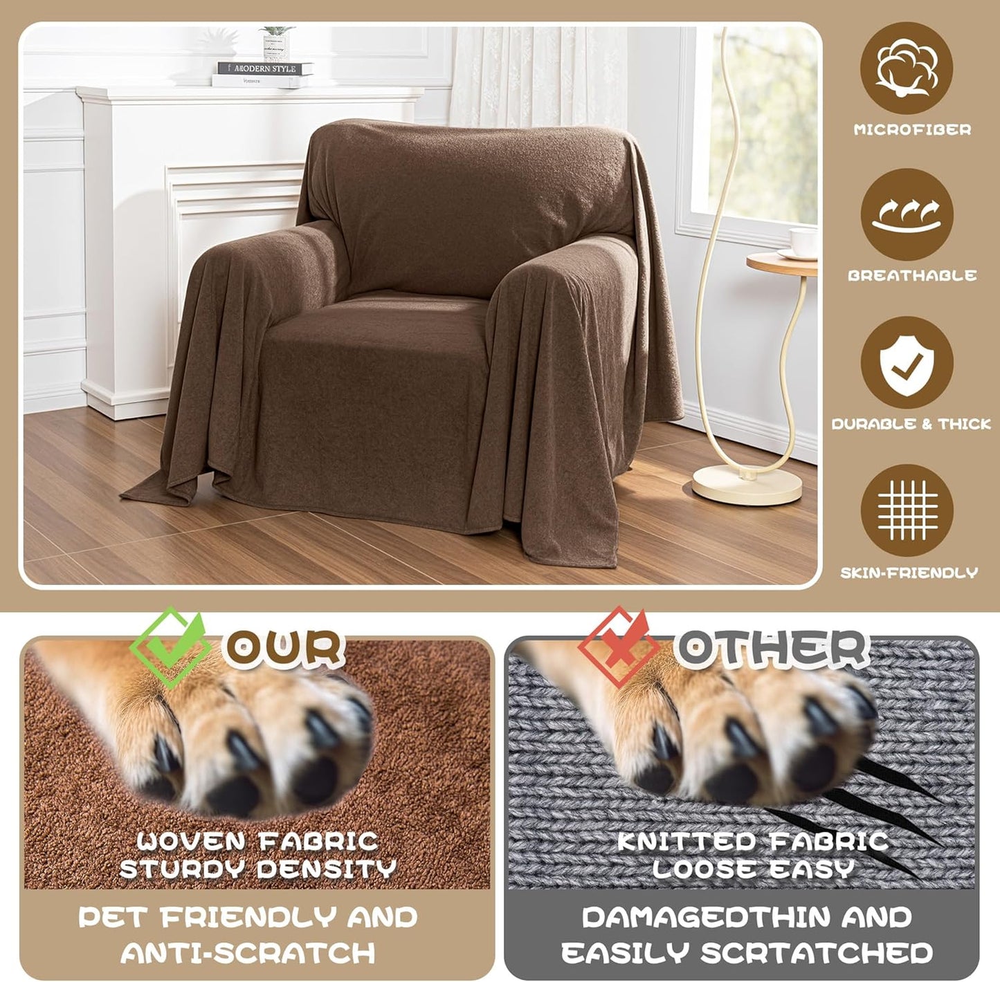 MYSKY HOME Couch Cover Sofa Covers for 1 Cushion Couch Dog Couch Cover Protector for Sectional Sofa Covers Couch Protector Modern Sofa Towel with Tassel for Living Room, 71" x 91", Dark Brown