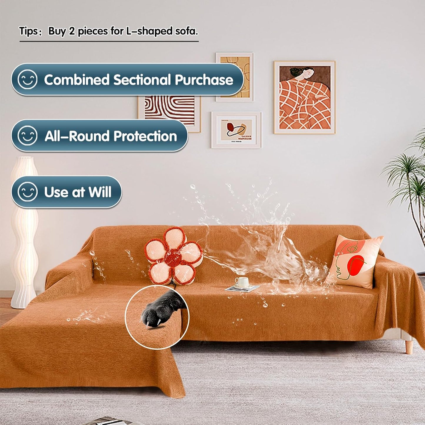 STACYPIK Waterproof Orange Couch Cover for Dogs, Washable Sofa Cover for 2 Cushion Couch, Anti-Cat Scratch Furniture Protector, Anti-Slip Pet Couch Protector,Tear Resistant Futon Cover-71X71IN