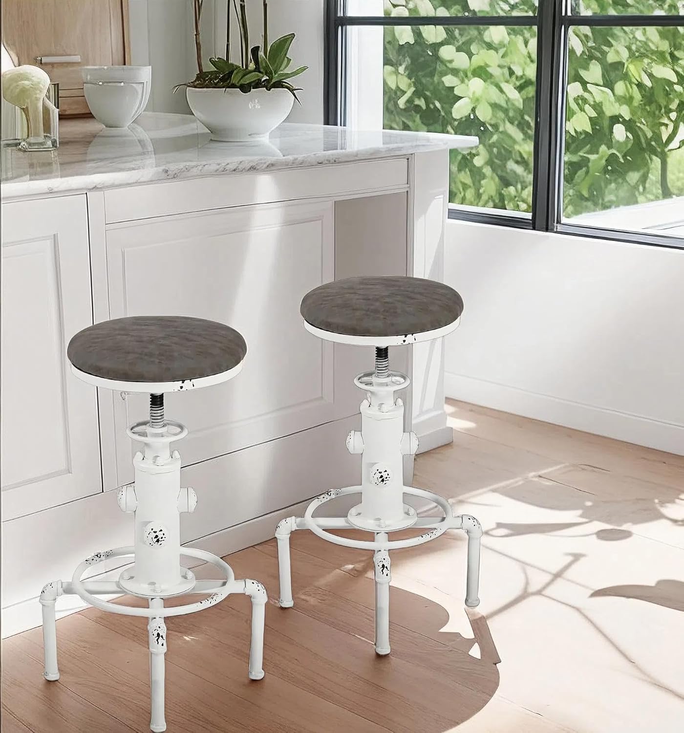 Topower Antique Vintage Industrial Barstool PU Leather Water Pipe Fire Hydrant Design Cafe Coffee Industrial Bar Stool Set of 2 Antique White