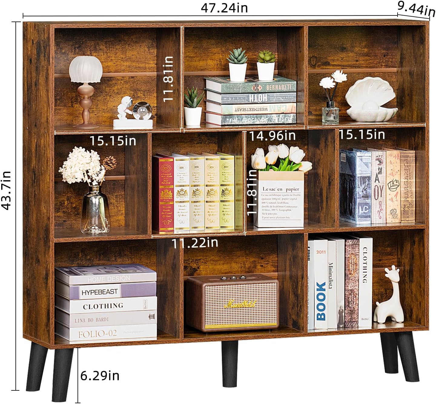 LEYAOYAO 10 Cube Bookshelf,3 Tier Modern Wide Bookcase with Legs,Mid-Century Wood Bookshelves Storage，Brown Large Book Case,Freestanding Organizer Display Shelf for Bedroom,Living Room,Office