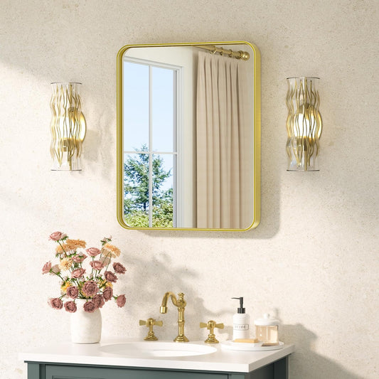 TETOTE Gold Bathroom Mirror 16 x 20 Inch Brushed Gold Metal Framed Vanity Mirror, Tempered Glass, Wall Mounted for Bathroom, Entryway, Bedroom, Living Room(Horizontal/Vertical)