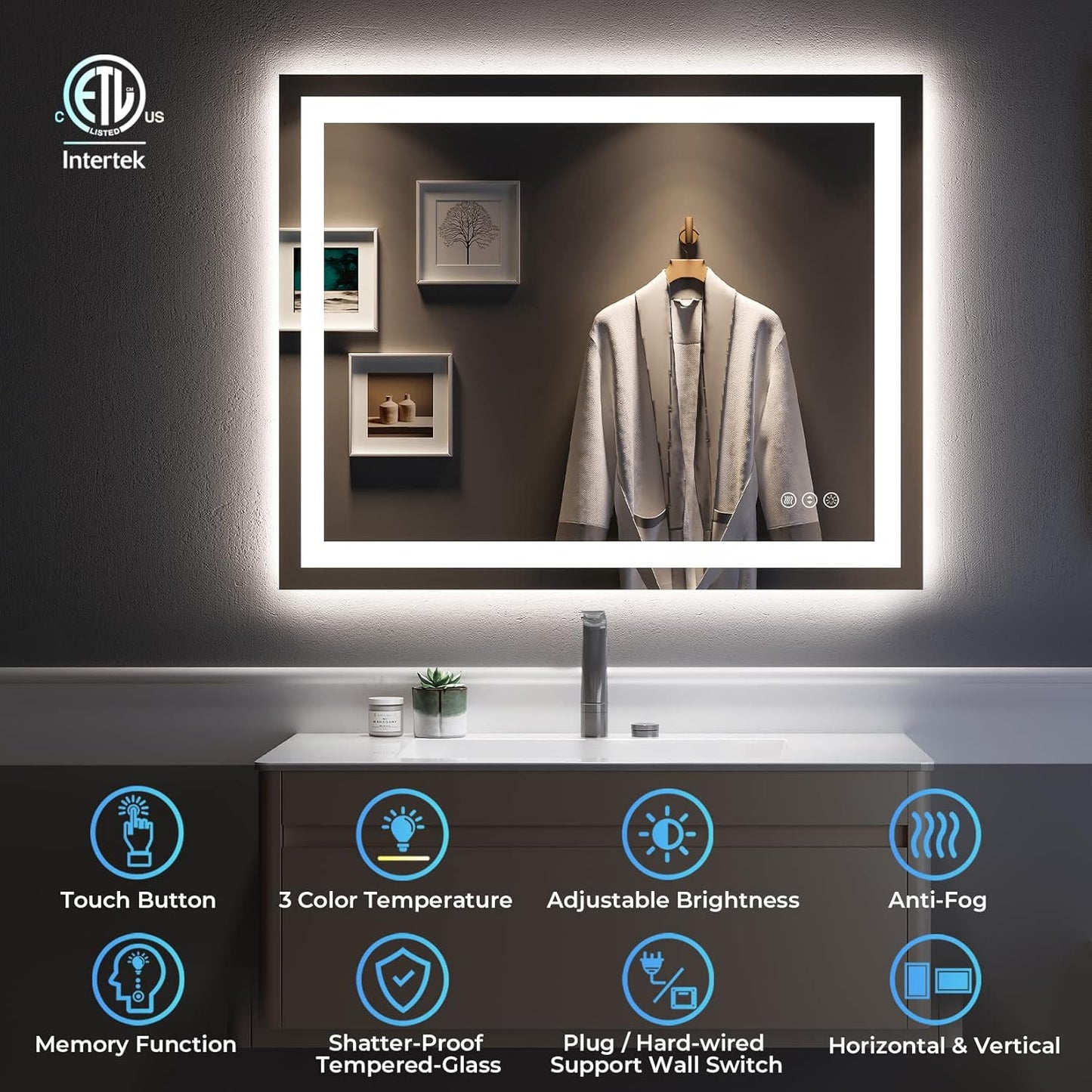 40x32 Inch LED Bathroom Mirror with Lights Front and Backlit Lighted Vanity Mirror for Bathroom Wall with 3 Colors Dimmable Anti-Fog Memory Shatter-Proof IP54 Waterproof Horizontal/Vertical
