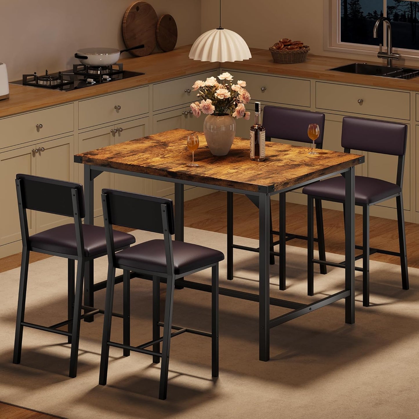 IDEALHOUSE Dining Table Set for 4 w/Footrest & Corner Protector, 5-Piece Kitchen Table Set with Counter Height Table & 4 Upholstered Bar Stools, for Kitchen Room, Apartment, Pub,Retro Brown