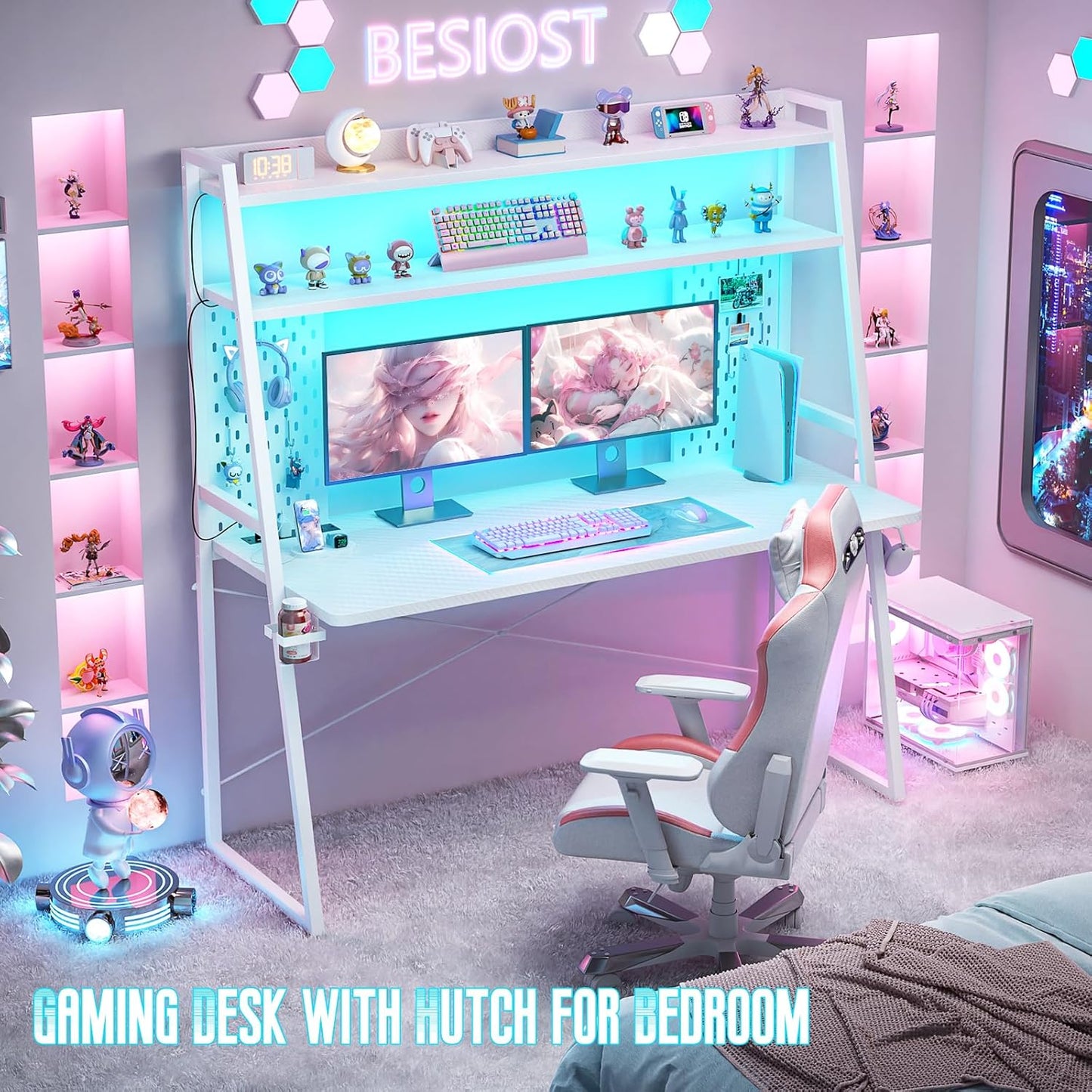 Gaming Desk with Hutch and LED Lights, Gaming Computer Desk with Power Outlets, Gamer Desk with Storage Shelves, PC Game Desk with Pegboards for Bedroom, Carbon Fiber White, 49"