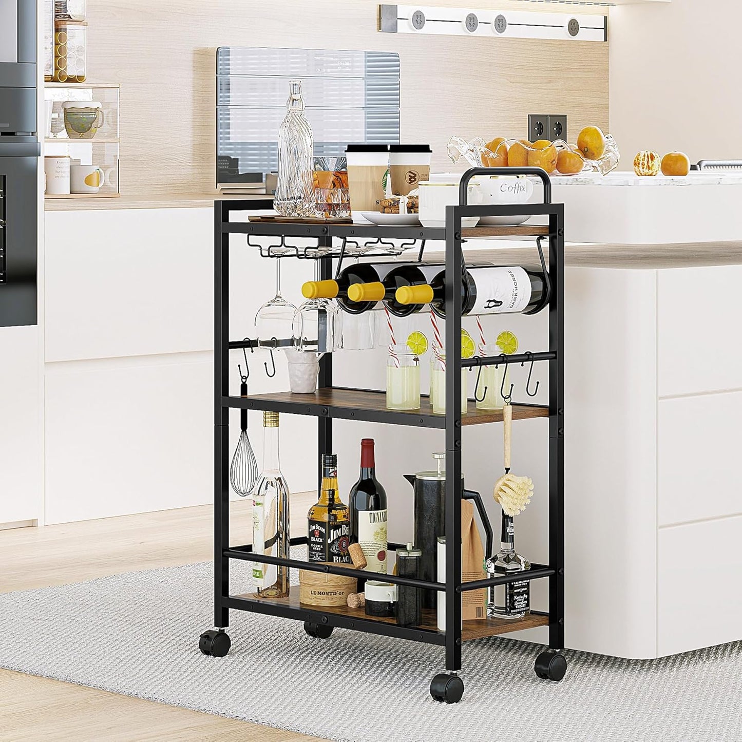 Home Bar Serving Cart, Serving Cart with Wheels and Handle, 3 Tier Rolling Kitchen Cart, Microwave Cart, Beverage Cart with Wine Holder and Glass Holders, for Dinning Room, Living Room, Kitchen