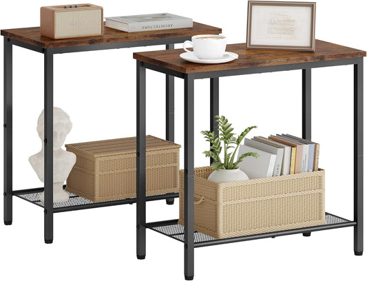 Hoctieon 2 Tier End Table, Sofa Side Table, Narrow Side Table with Storage, Slim Nightstand for Small Spaces, Metal Frame, for Living Room, Bedroom, Sofa Couch, Hall, Rustic Brown, 2 Set