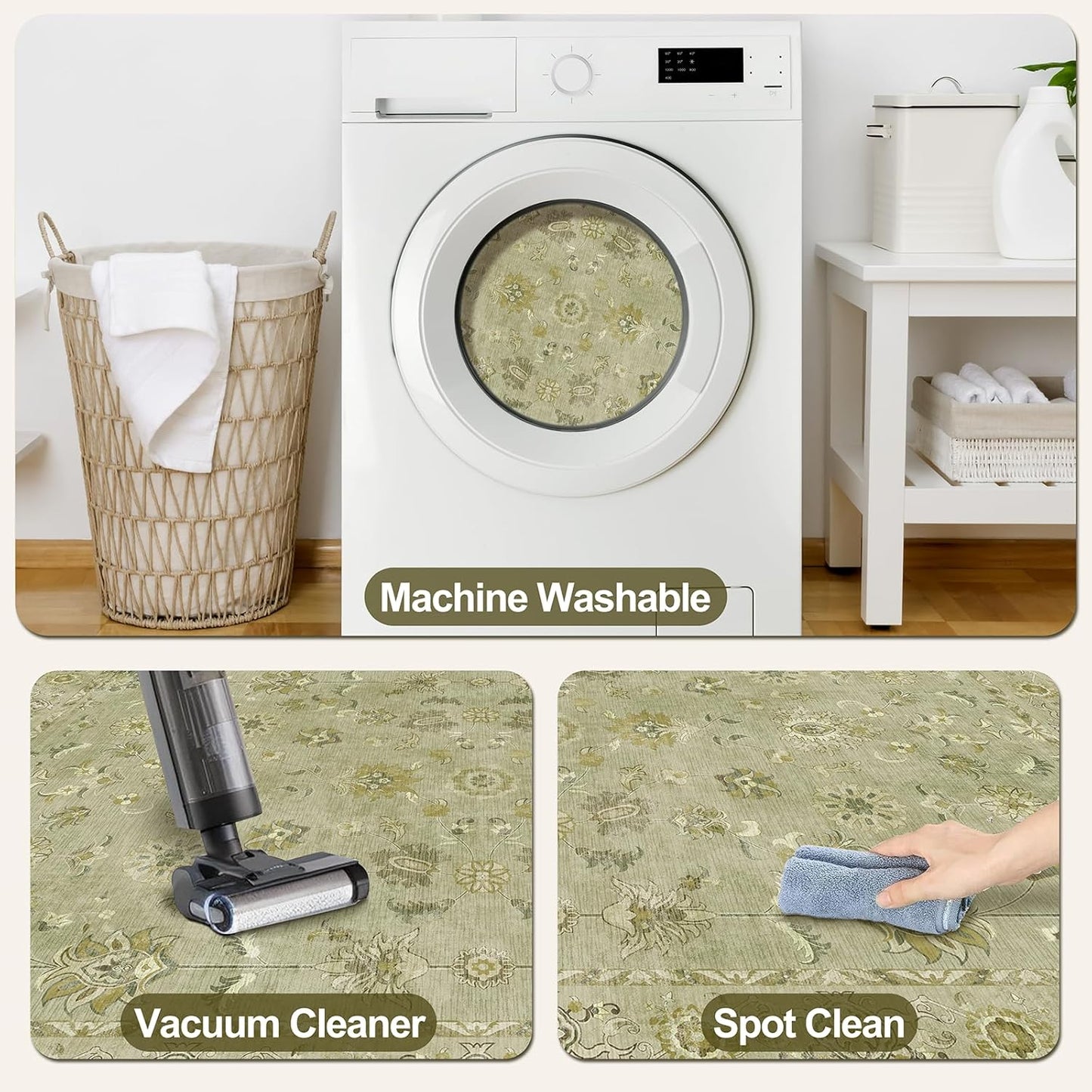 Tangsoo 2.6x8 Washable Runner Rug for Hallways, Floral Vintage Runner Non Slip, Soft Low Pile Long Rugs, Print Distressed Green Carpet Runners for Kitchen Bedroom Entryway Living Room