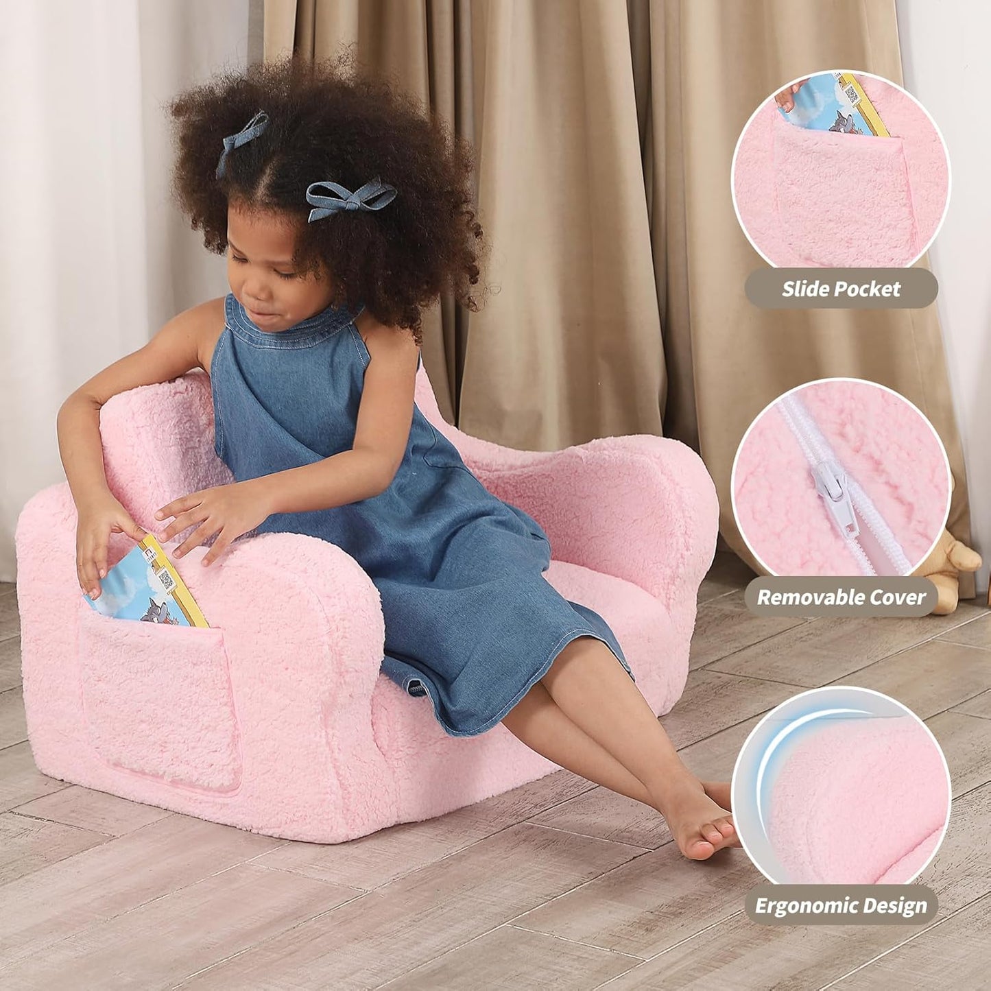 Comfy Toddler Chair, 2-in-1 Toddler Couch Fold Out, Convertible Sherpa Sofa to Lounger for Boys & Girls, Pink