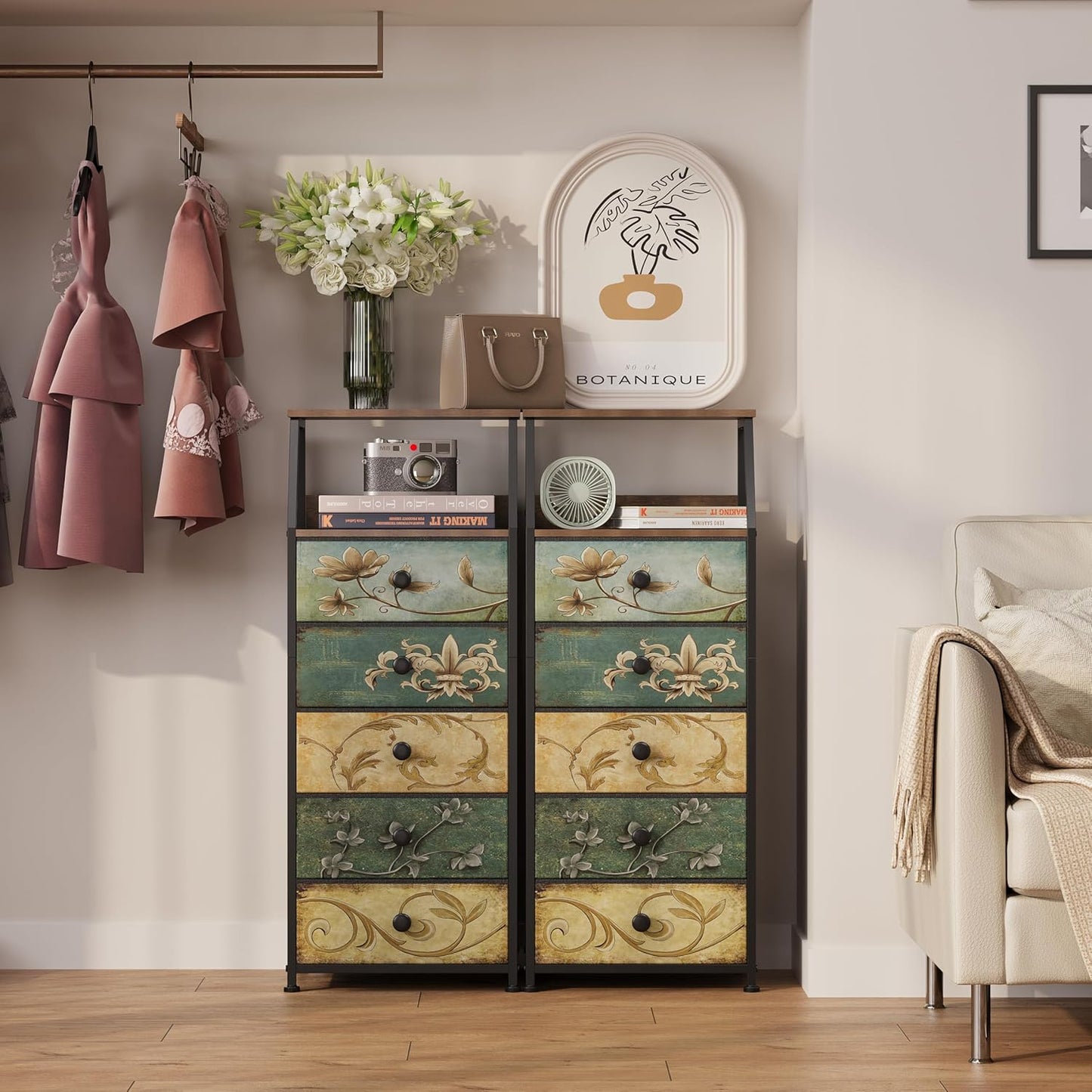 Tohomeor Nightstand with Fabric Drawers Dresser with 2 Tier Shelf Storage Tower for Bedroom Hallway Entryway Closet Organizer Sofa Beside Table Furniture (Multi, 5 Drawers)