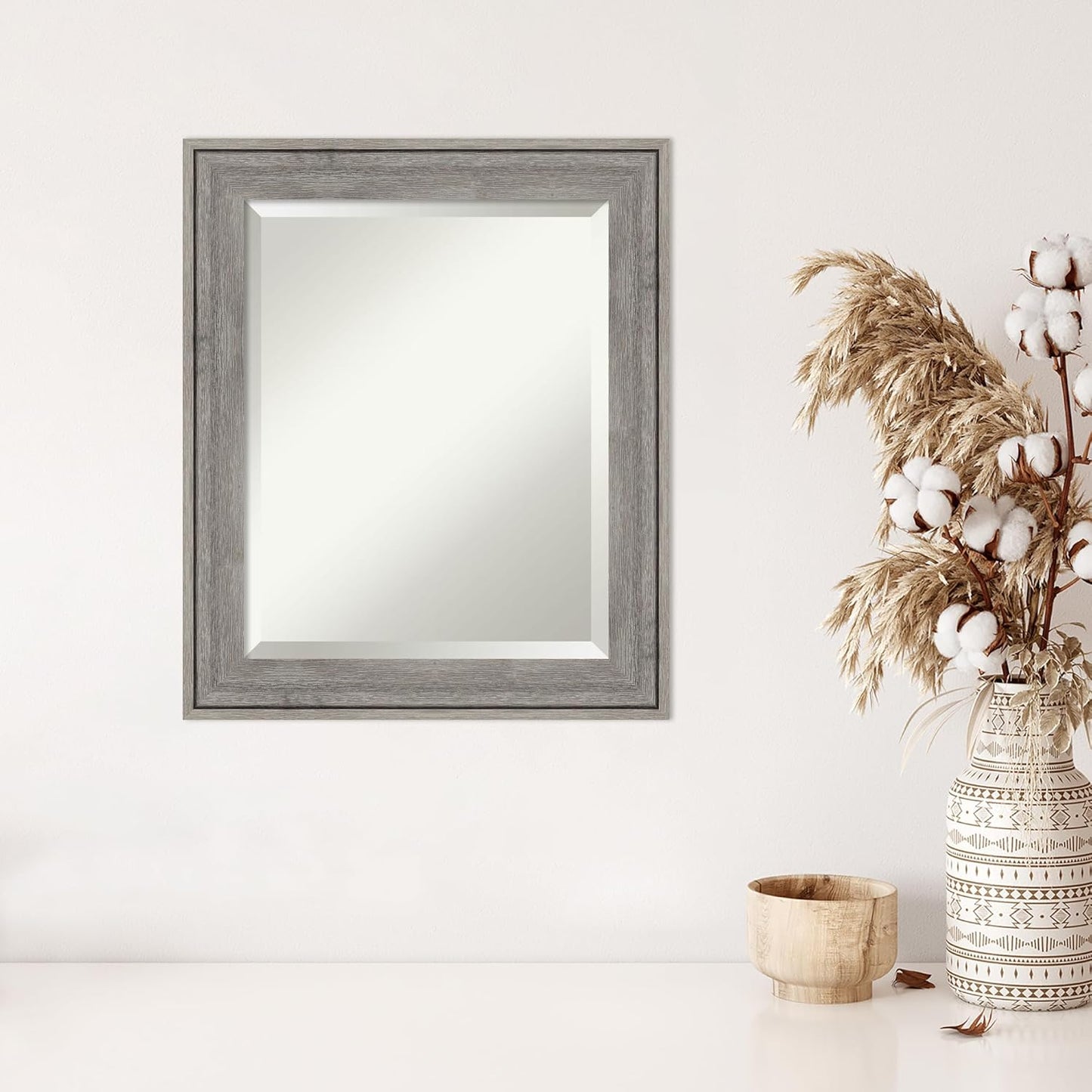 Amanti Art Grey Wall Mirror 25x21 Regis Barnwood Grey Rectangle Bathroom Mirror for Wall Decor Living Room, Small Rustic Farmhouse Wood Frame, Hangs Horizonally and Vertically, Bathroom Decor, Beveled