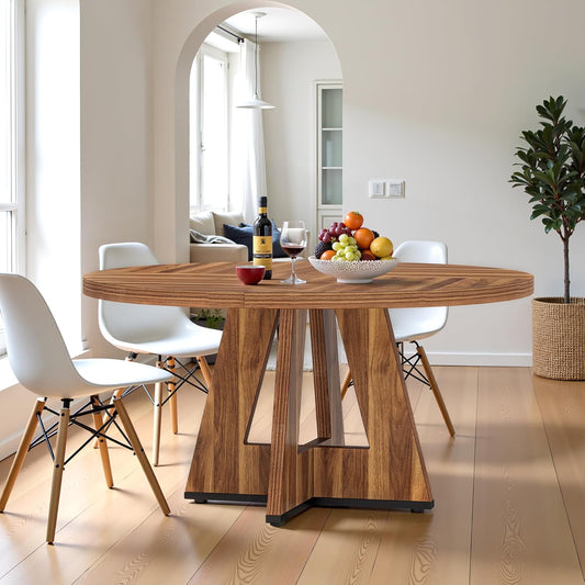 Round Dining Table for 4, 47 Inch Dinner Table Farmhouse Wooden Circle Kitchen Tables with Cross Base for Dining Room, Kitchen, Living Room, Vintage Brown