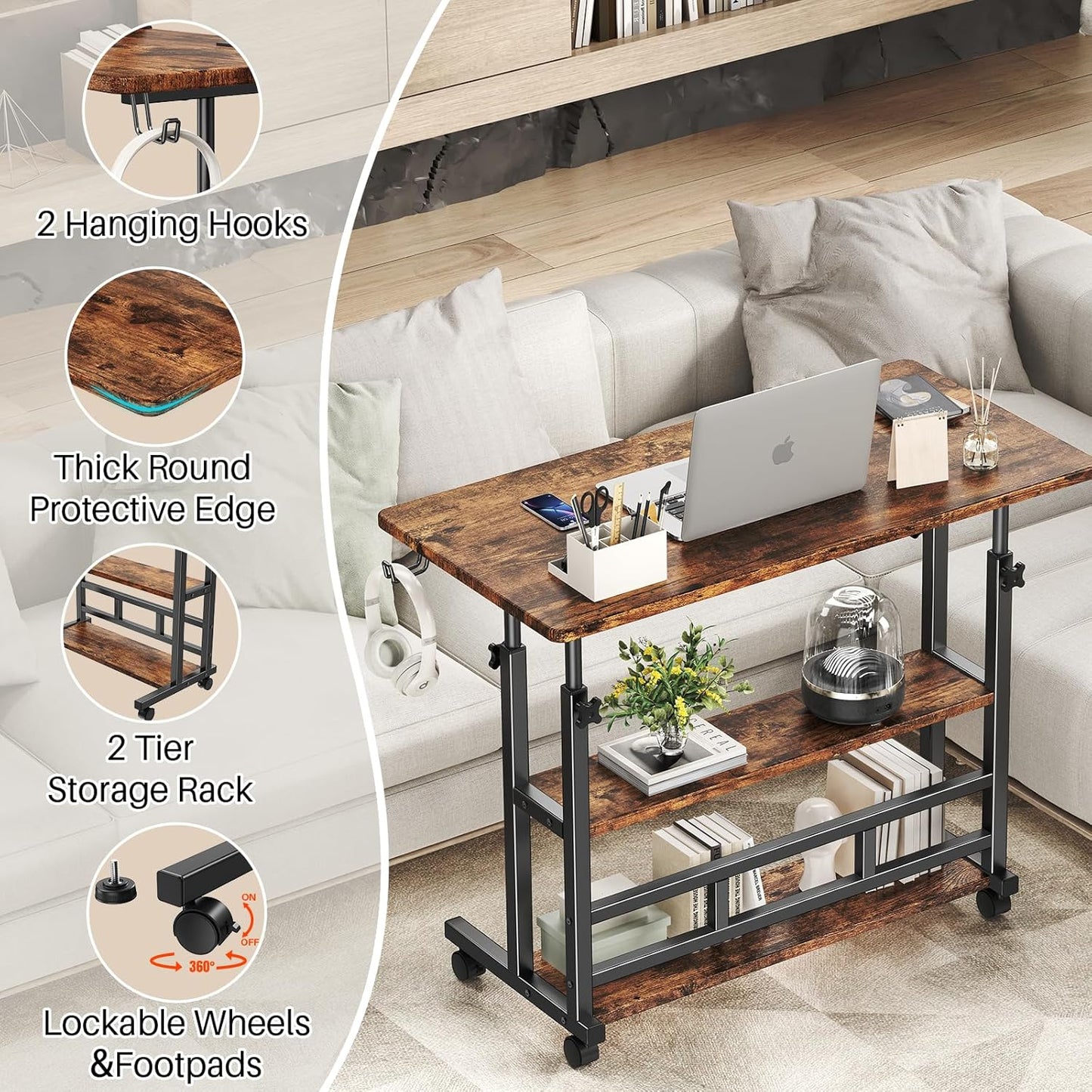 Adjustable Height Standing Desk, Rolling Stand Up Desk with Storage Shelves, 31.5" Small Mobile Computer Desk, Portable Laptop Table (Simple Brown)