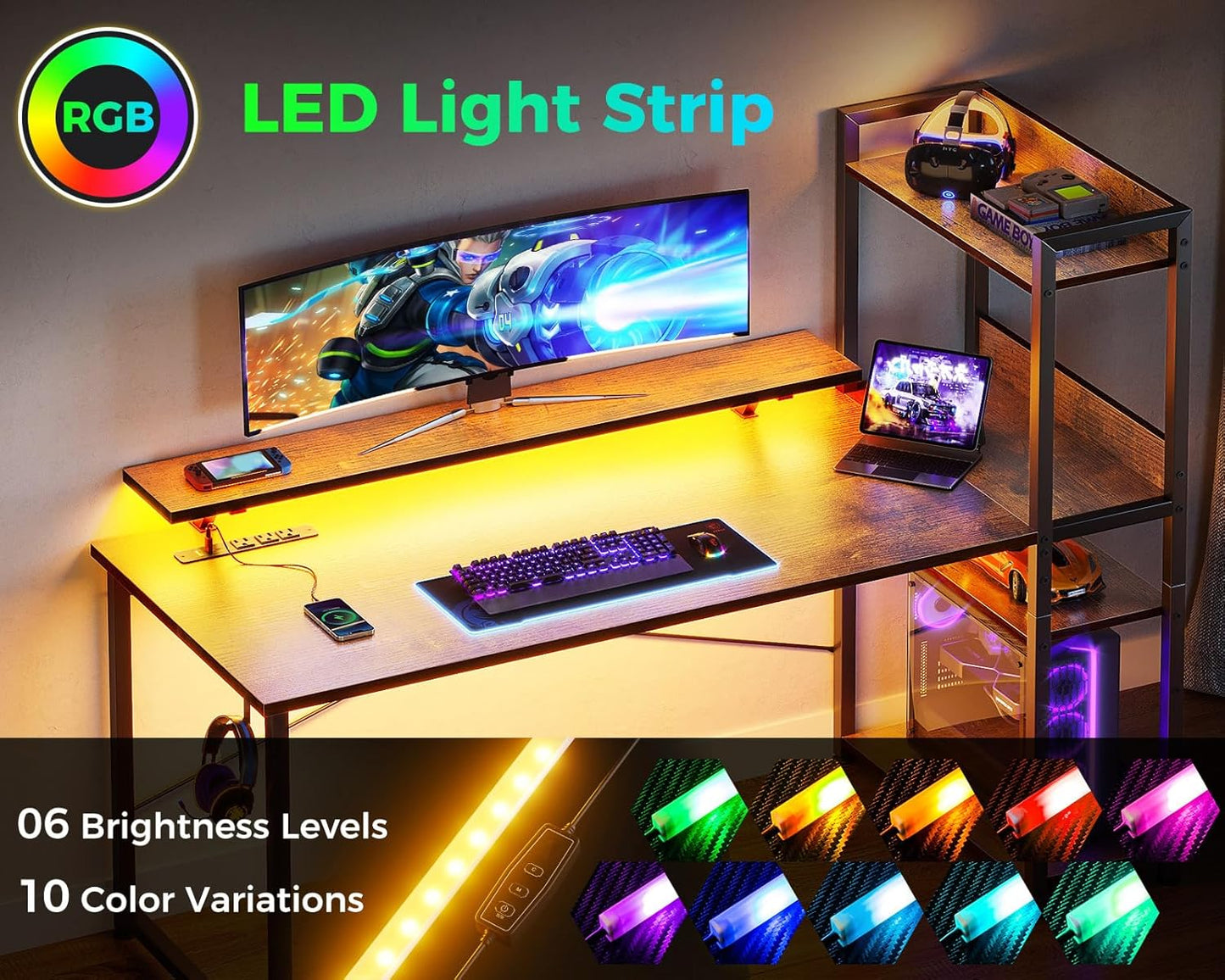 ODK Reversible Gaming Desk with Power Outlets and LED Lights, 48 Inch Computer Desk with Storage Shelves and Monitor Stand, Modern Writing Study Desk for Home Office, Rustic Brown