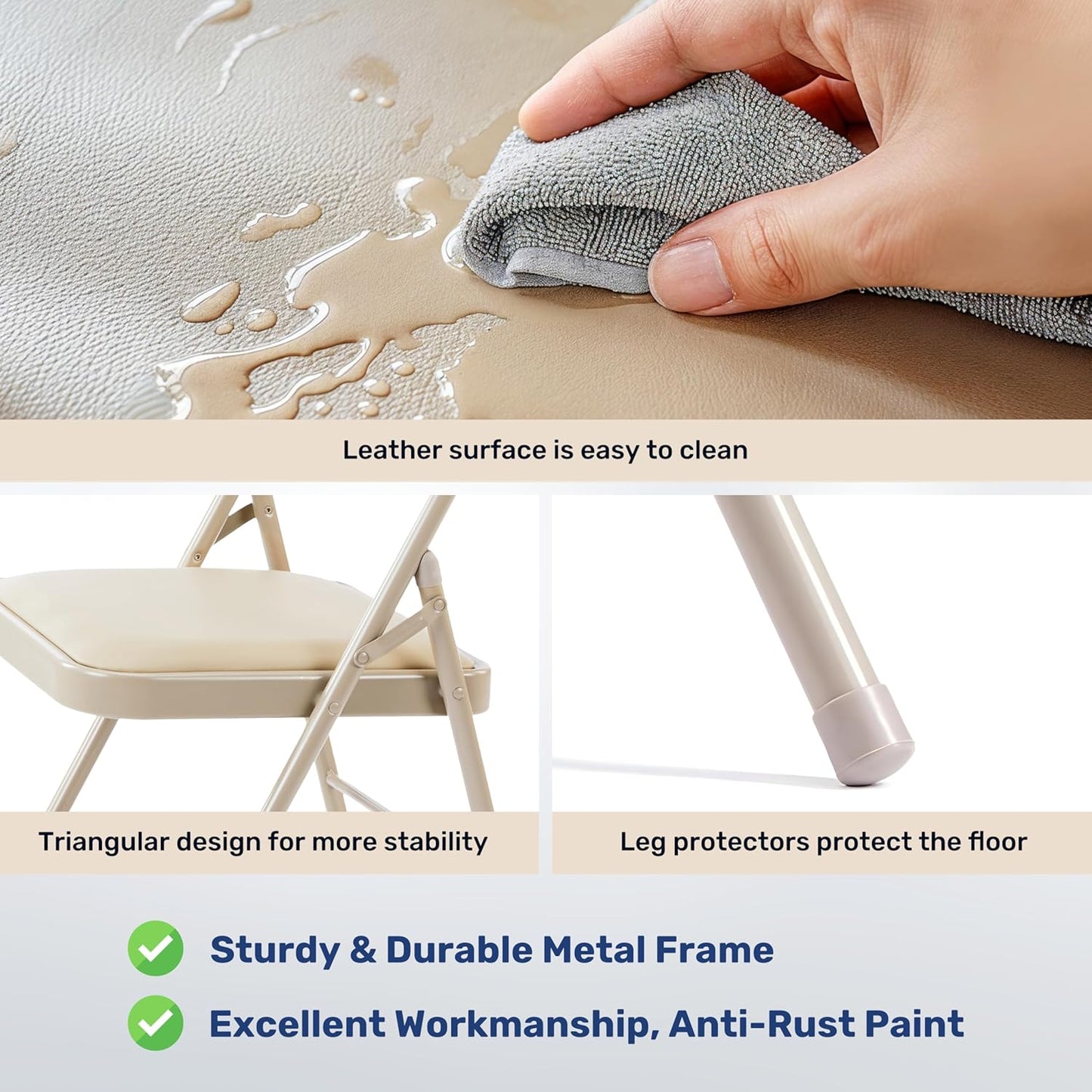 HealSmart 4 Pack Folding Chairs with Leather Padded Cushion Seats & Durable Metal Frame, Comfortable, Foldable, Portable, Commercial Event Seat, Indoor Outdoor for Home, Parties, Office, Kahki