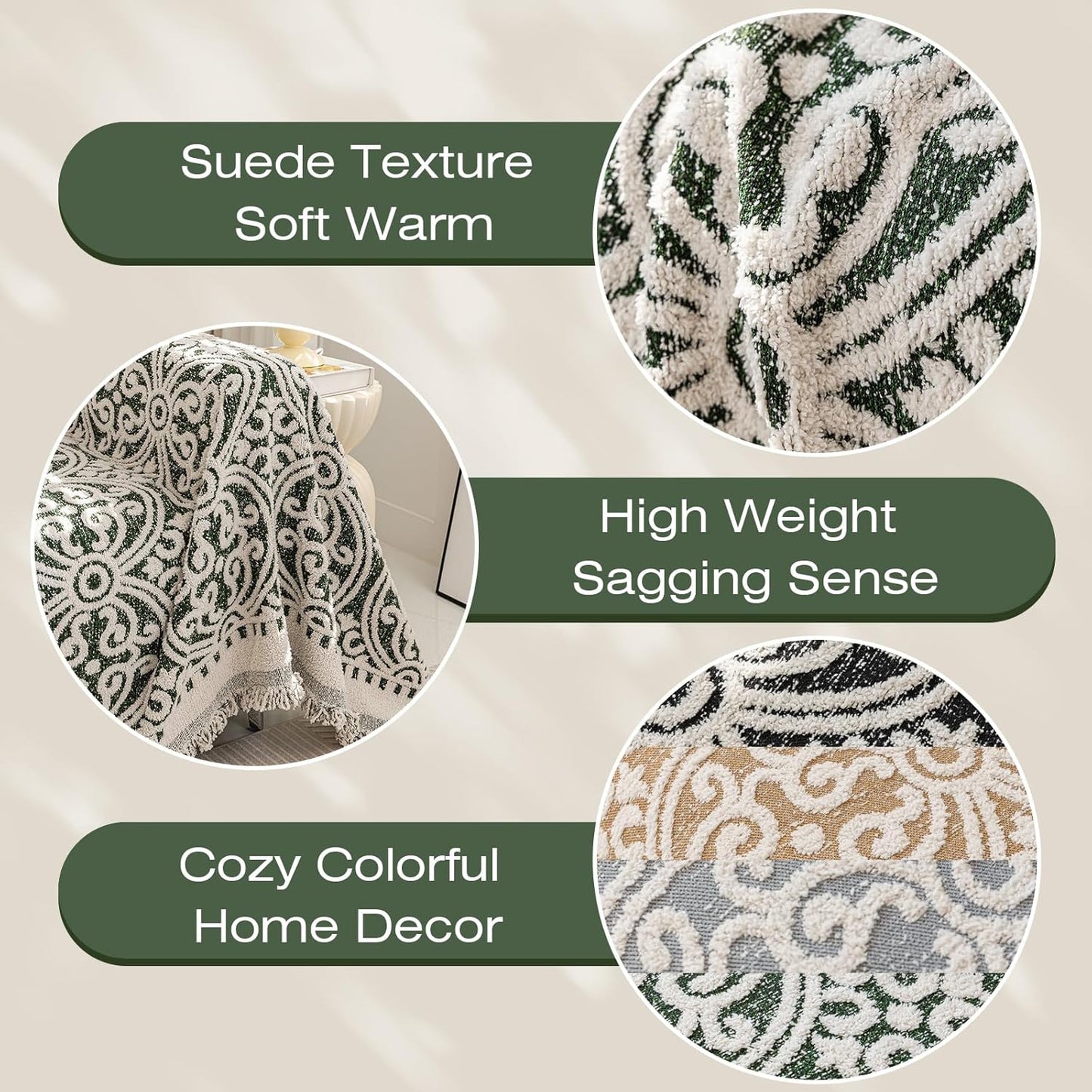 STACYPIK Green Jacquard Sofa Cover - Anti-Scratch Chenille Furniture Protector for 3 Cushion Couch - French Floral Dog Pet Cushion Protector - Futon Cover 71x150IN