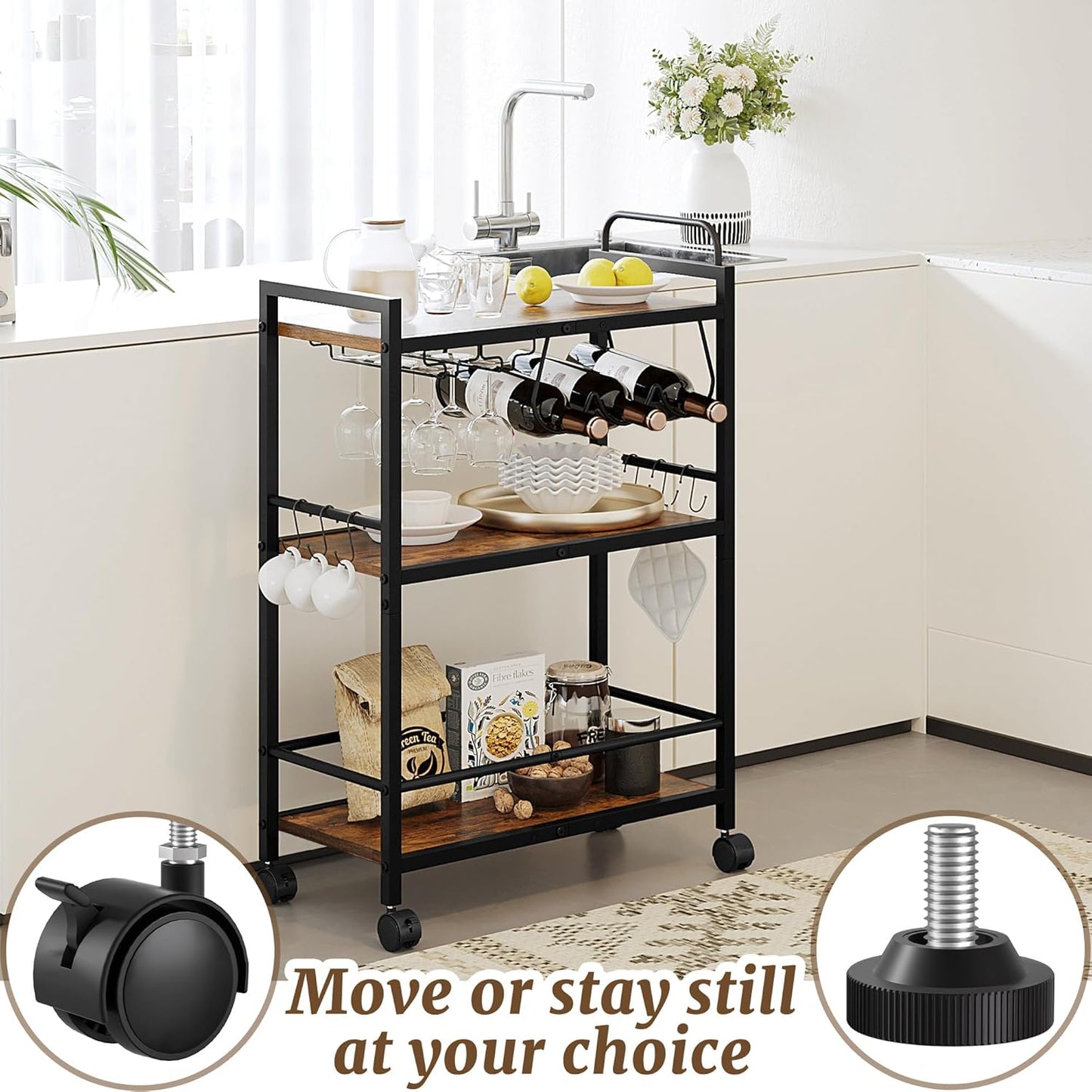 Home Bar Serving Cart, Serving Cart with Wheels and Handle, 3 Tier Rolling Kitchen Cart, Microwave Cart, Beverage Cart with Wine Holder and Glass Holders, for Dinning Room, Living Room, Kitchen