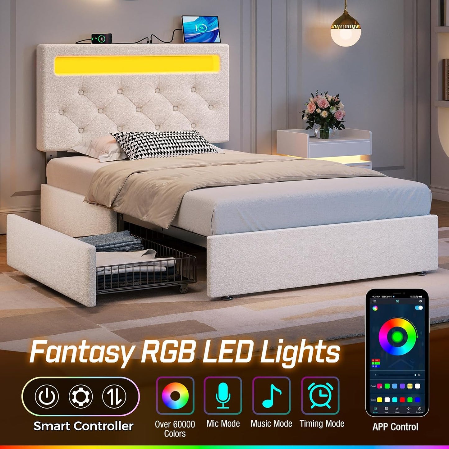 Rolanstar Twin Bed Frame with 4 Storage Drawers and Charging Station,Twin Bed with Led Lights, 2 USB & 1 Type C, Adjustable Headboard 38.9/40.8 Inches, No Box Spring Needed, White