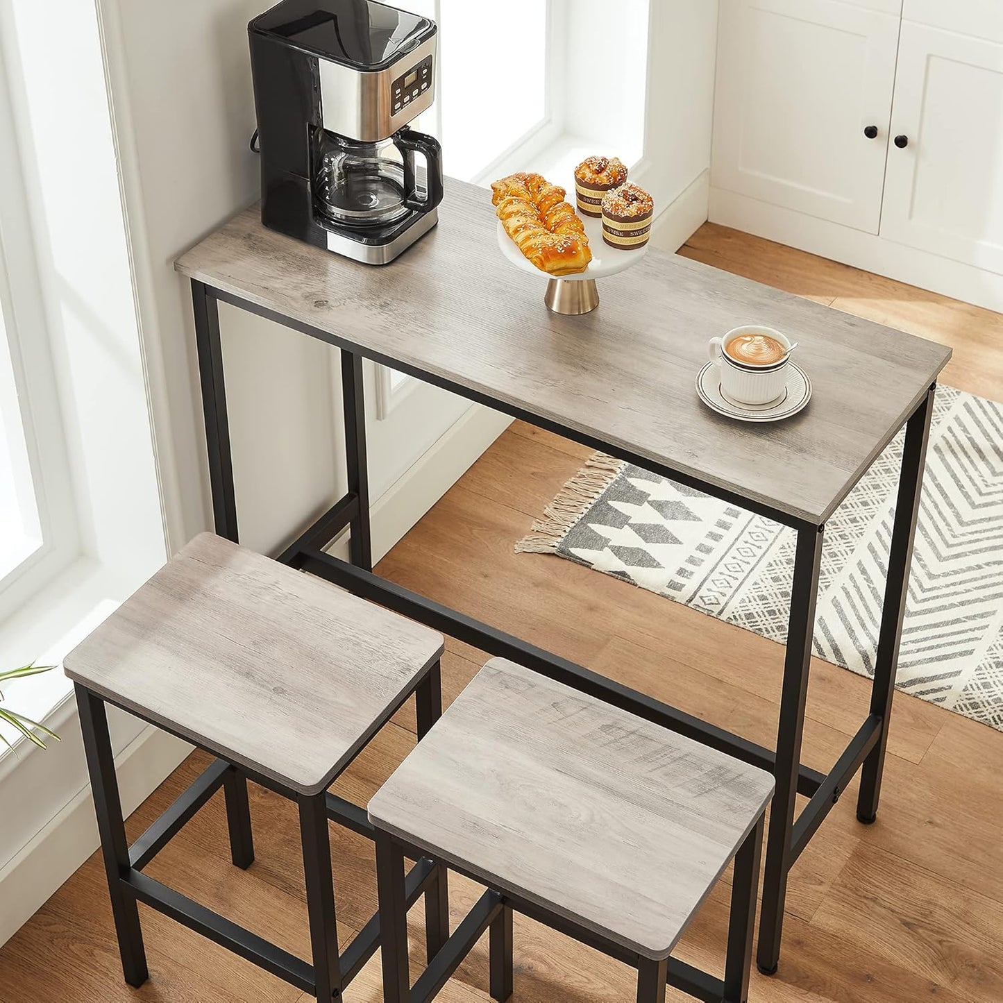 VASAGLE Bar Stools, Set of 2 Bar Chairs, Kitchen Breakfast Bar Stools with Footrest, Industrial in Living Room, Party Room, Greige and Black ULBC065B02