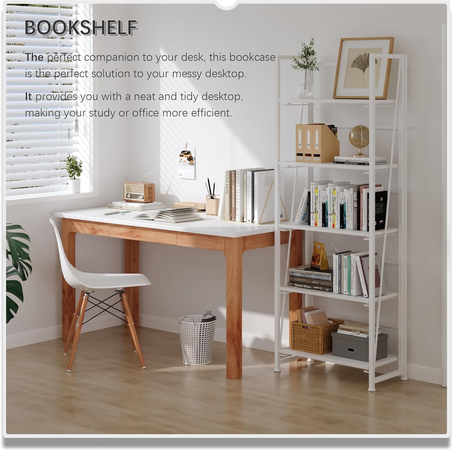 4NM No Assembly Folding Bookshelf, 5-Shelf 62.2" H Collapsible Foldable Bookcase Storage for Small Spaces, All White