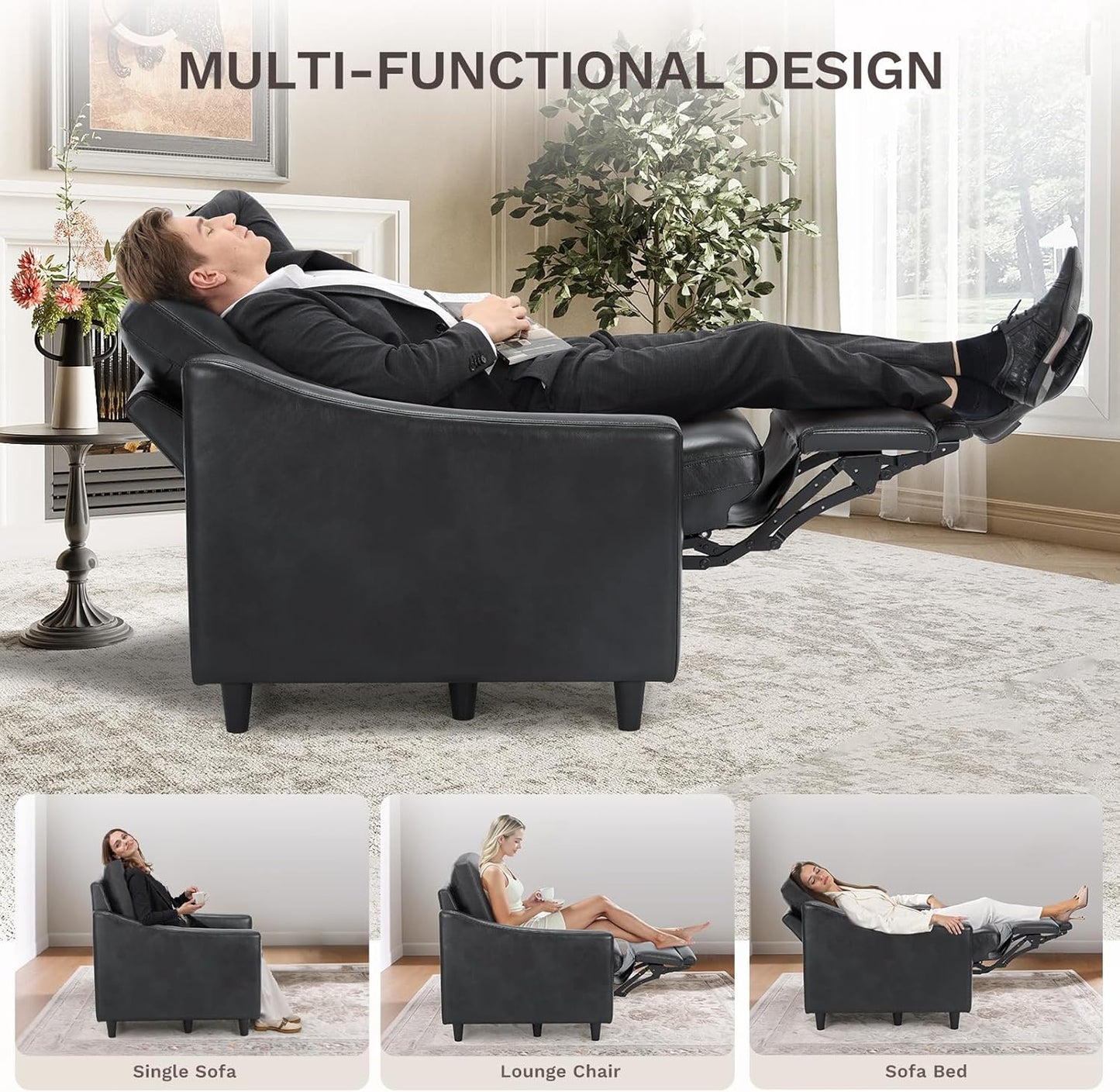 COLAMY Pushback Electric Recliner Chair, Premium Leather Upholstery with Adjustable Angles, Extra Lumbar Pillow, Built-in Charging Port, Electric Recliner Sofa Chair for Living Room,Black