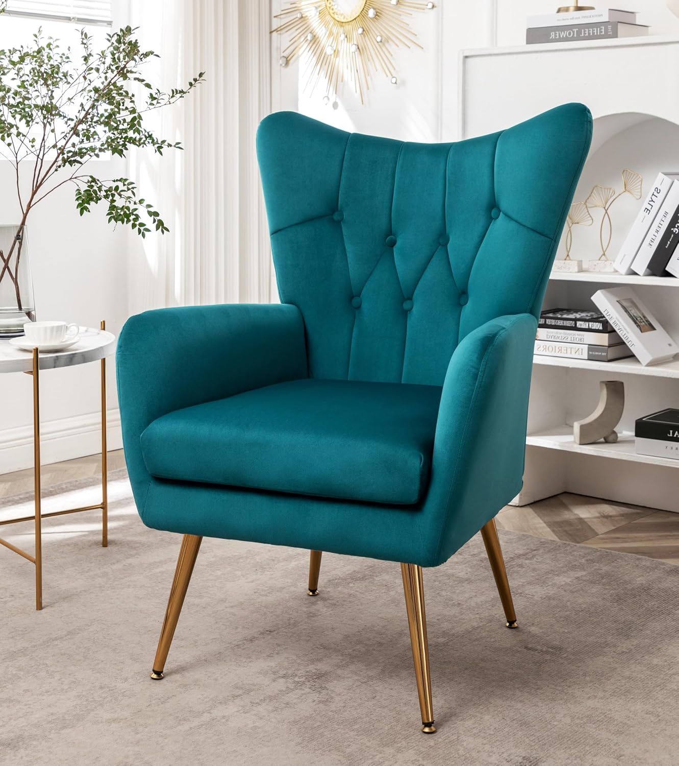 Container Furniture Direct Modern Chic Mid-Century Velvet Accent Armchair for Living Room, Bedroom, or Home Office, Button-Tufted Wingback Design with Gold Flared Legs, Dark Teal