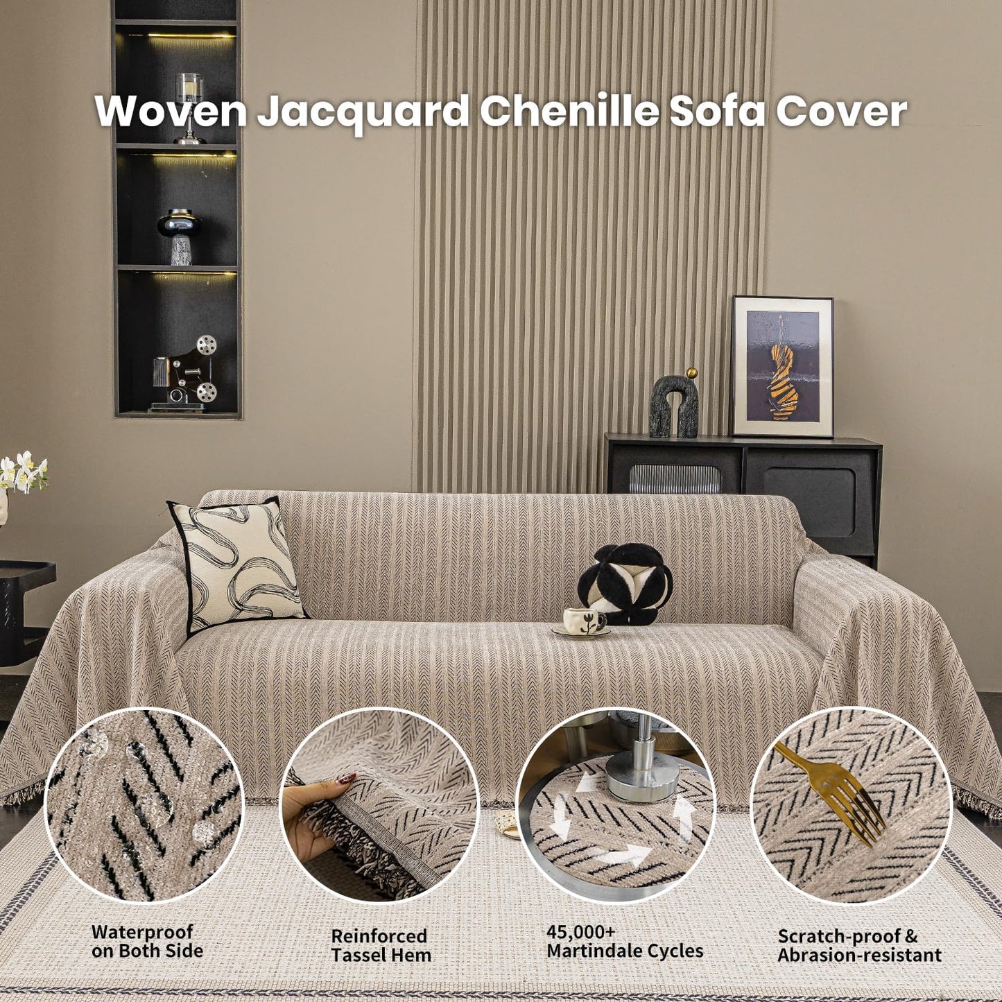 Nobildonna Sofa Cover Washable Soft Thicken Chenille Couch Cover with Tassel,Waterproof Sofa Slipcover for 3-4 Cushion Couch,Sectional Sofa,L-Shaped Furniture Protector Pet-Friendly,Brown 71"x150"