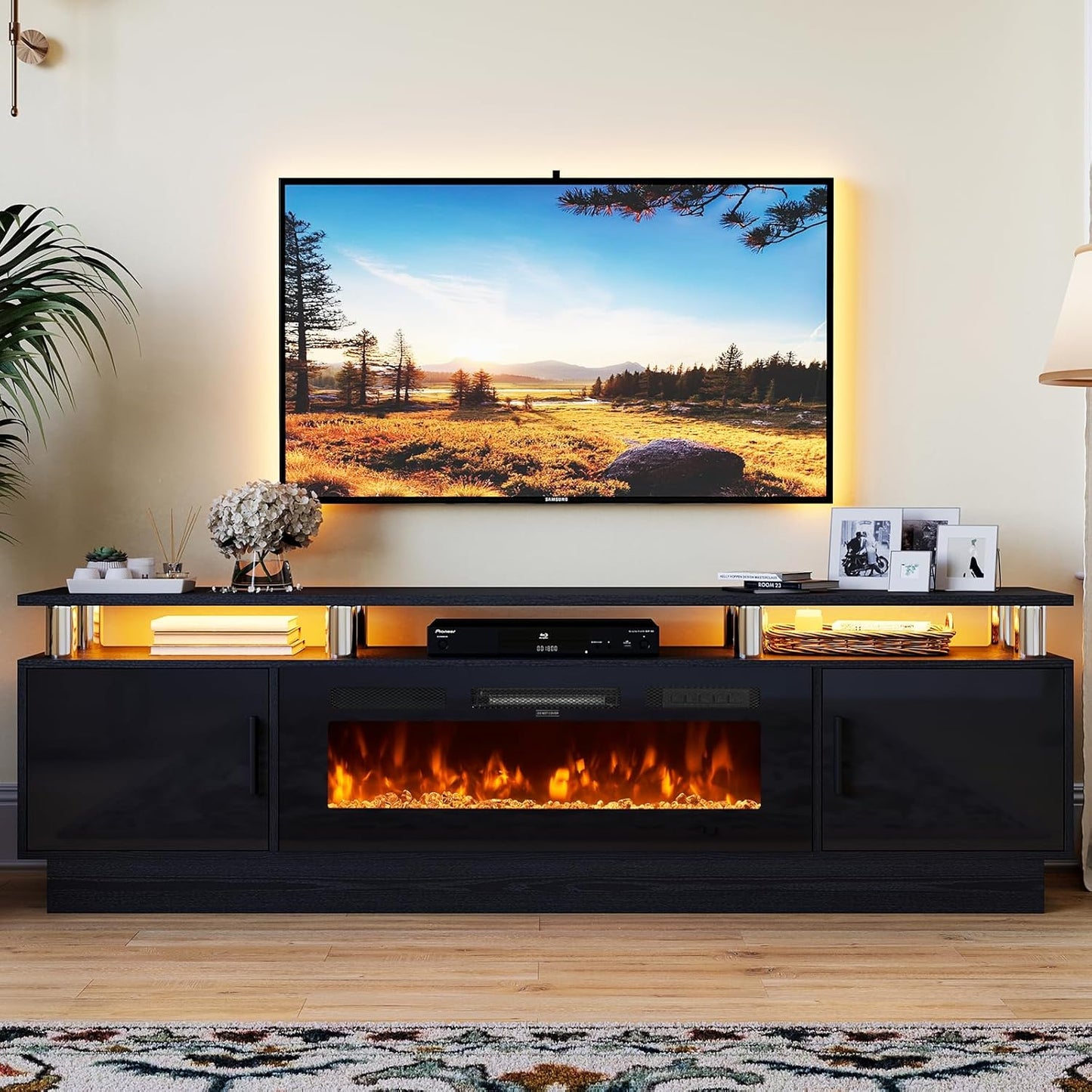 80" TV Stand for Living Room, Large Entertainment Center & Media Console, Fits TVs up to 90", Storage Cabinet with Shelves, 36" Electric Fireplace (All Black)