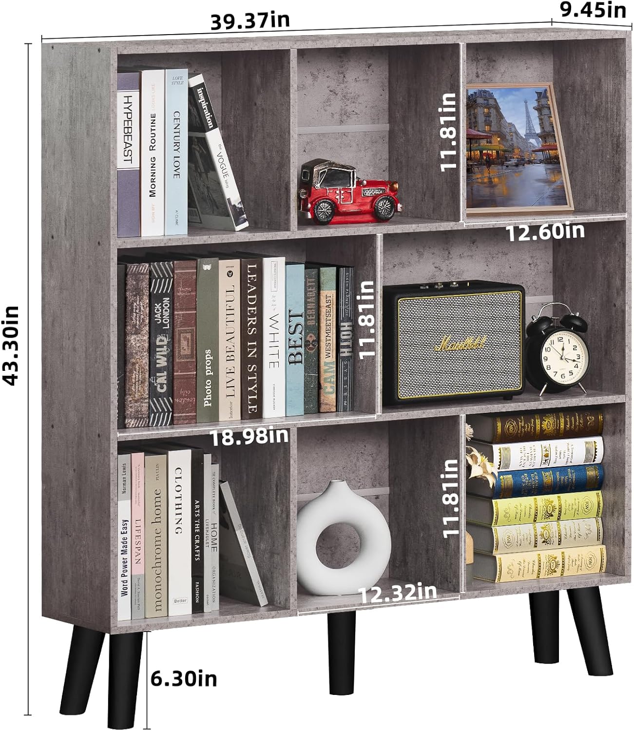 LEYAOYAO 8 Cube Bookshelf,Farmhouse Bookcase with Legs,Modern Dirty Grey Mid-Century Bookshelves,Large 3 Tier Open Storage Organizer Shelf, Retro Wood Display Book Case