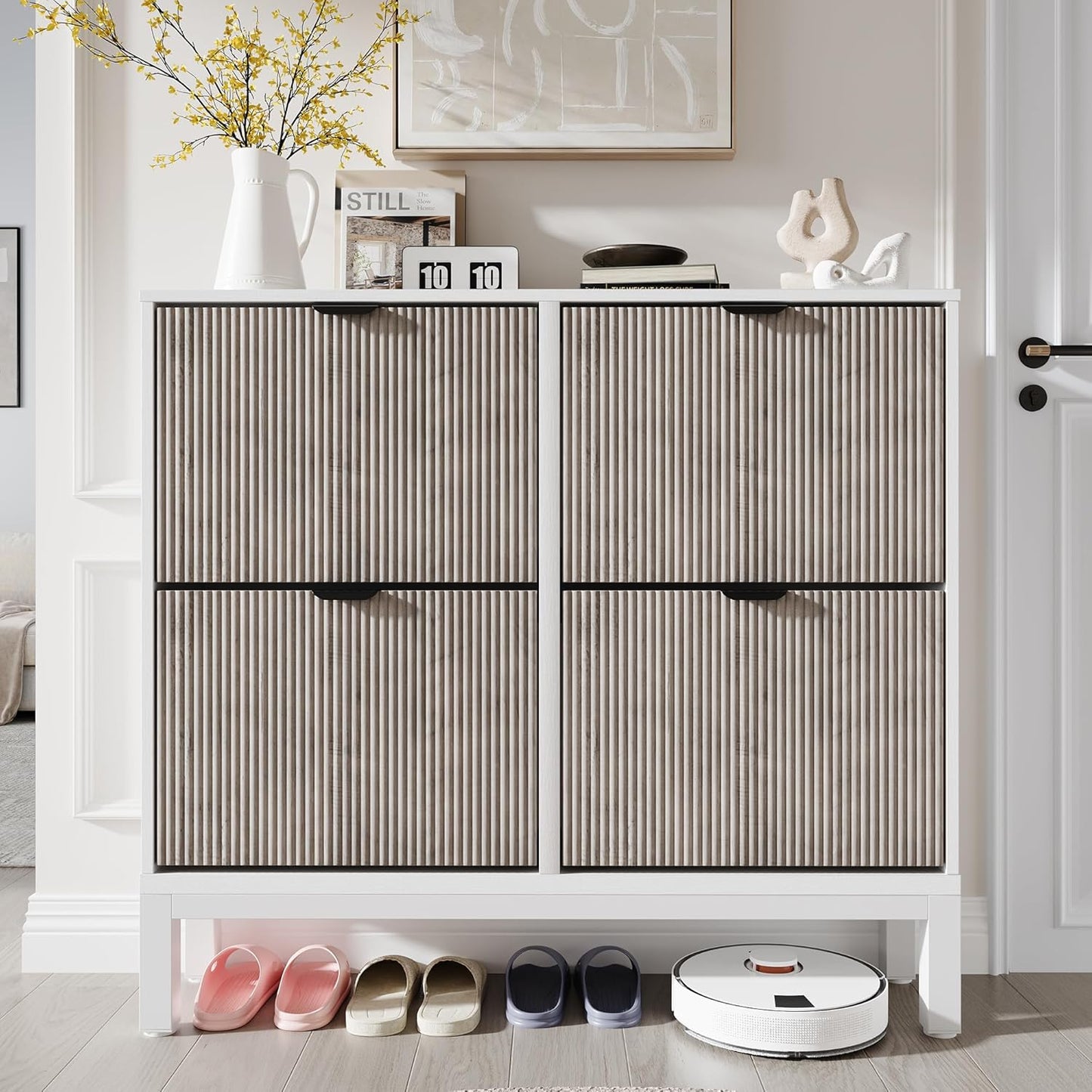 GarveeHome Fluted Shoe Storage Cabinet with 4 Flip Drawers, Narrow Wooden Shoe Organizer with Metal Legs, Modern Farmhouse Hidden Shoe Rack for Entryway, Hallway, White+Gray