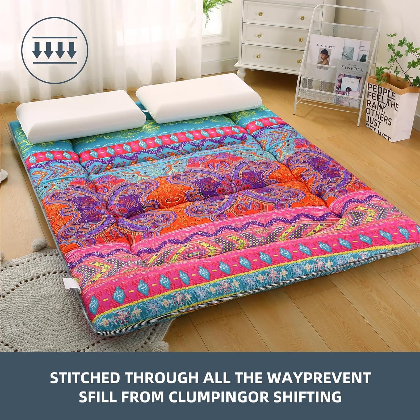 Bohemian Retro Japanese Floor Mattress, Vintage Floral Tatami Floor Mat, Portable Roll up Futon Mattress for Guest,Tavel (D,Twin 80" x 36")