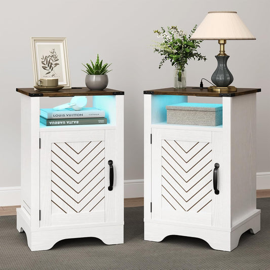 RoyalCraft Farmhouse Nightstand Set of 2, White Night Stand with LED Lights and Charging Station, Bedside Table Set of 2 with Storage and Door, Wood End Table for Bedroom, Home Office, Antique White