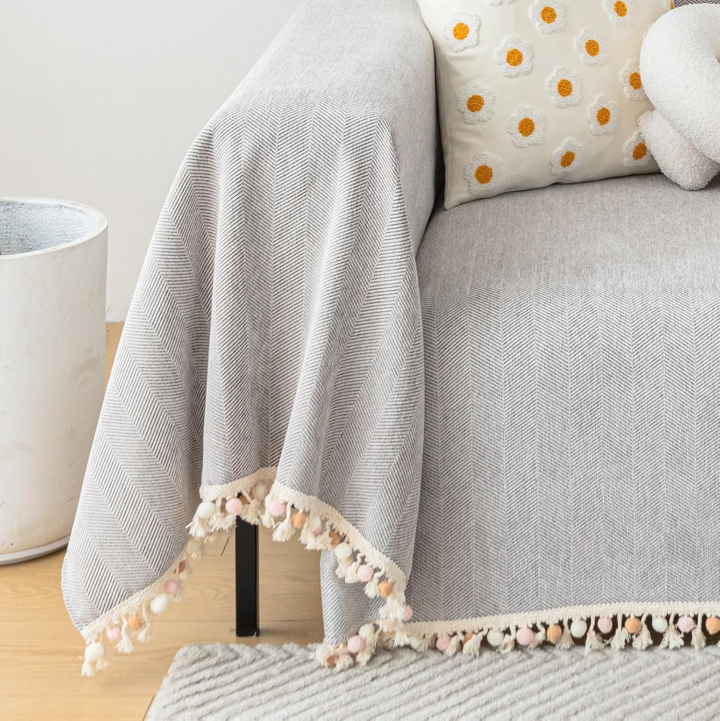 HANDONTIME Grey Sofa Cover for Couch Boho Couch Cover for 3 Seat Dog Couch Cover Love Seat Couch Covers Light Grey Sofa Sectional Cover 71" X118" Tassel Chenille Herringbone Sofa Covers Washable