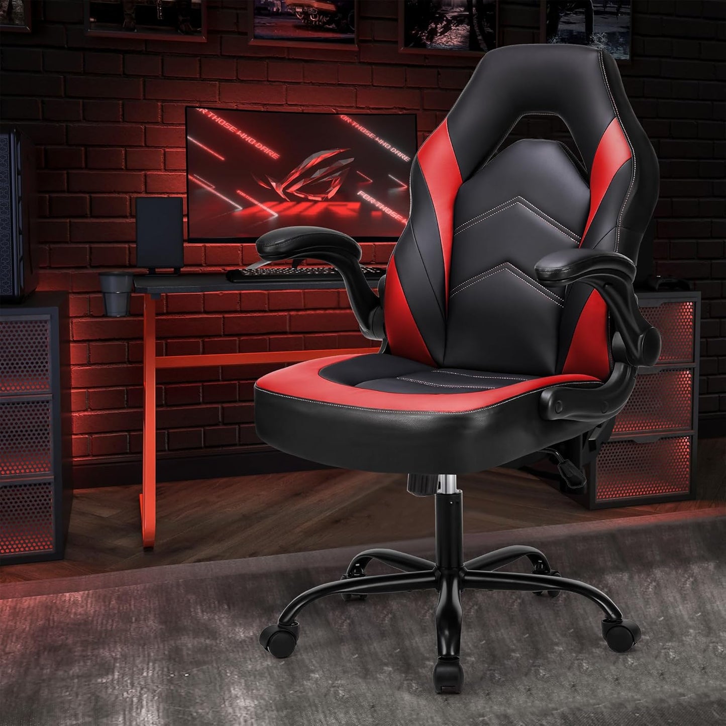 OLIXIS Computer Gaming Desk Chair - Big and Tall Ergonomic Comfy Lumbar Support with Flip-up Armrest and 360° Swivel Wheels, PU Leather Height Adjustable, for Home and Office, Red