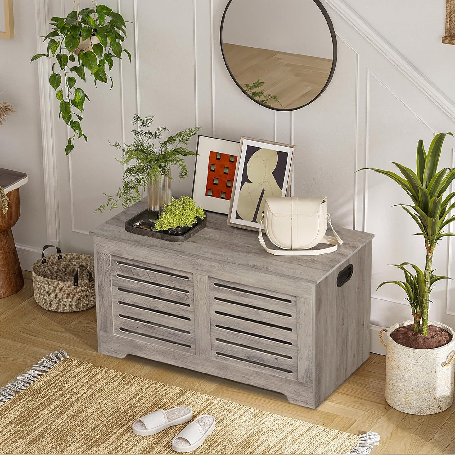 DINZI LVJ Storage Chest, Wooden Toy Box Organizer with 2 Safety Hinges, Flip-top Entryway Shoe Bench, Good Ventilation, Retro Storage Bench for Living Room, Bedroom, Easy Assembly, Greige